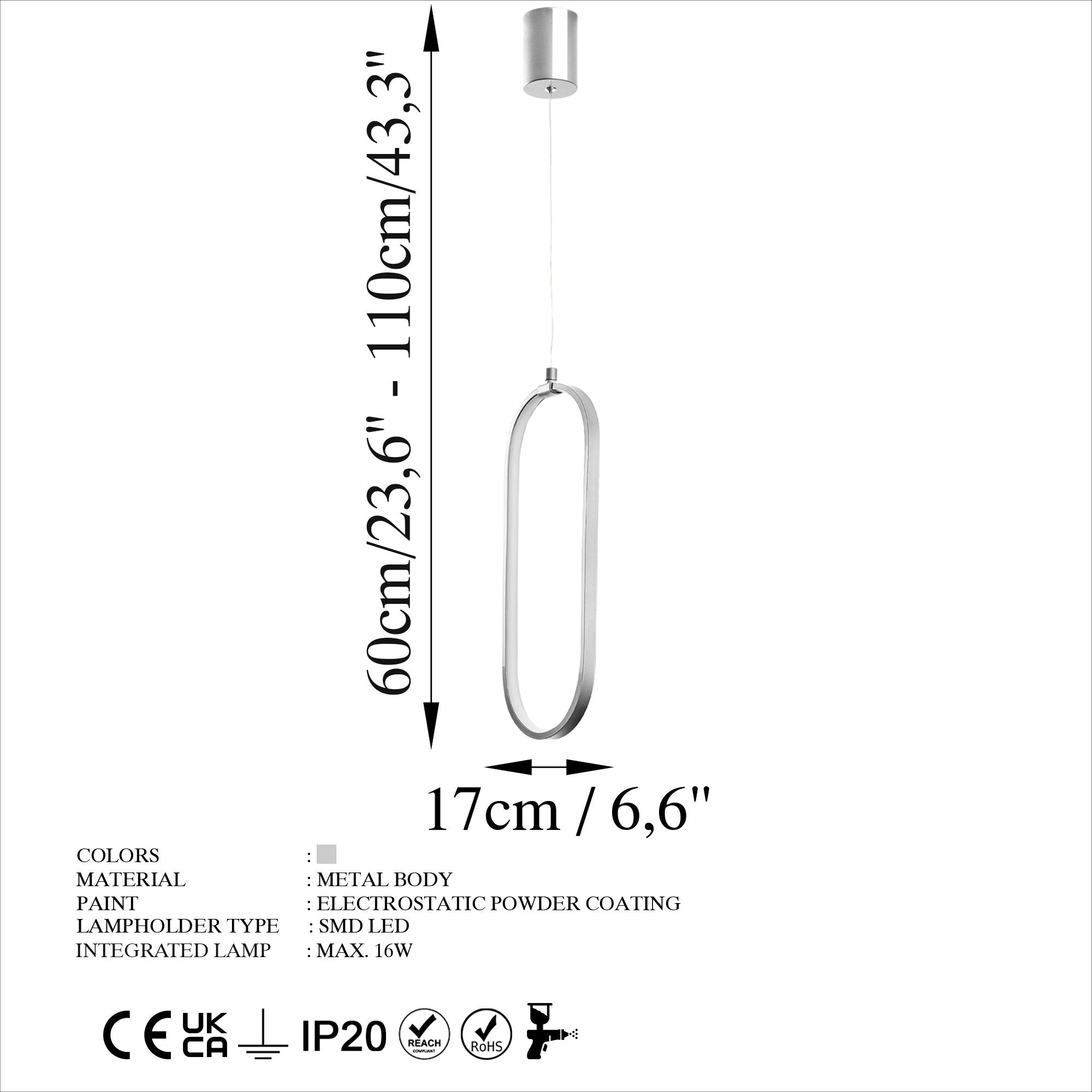 Candeeiro de Teto elegante cromado, corpo de metal, altura ajustável de 60 a 110 cm, largura de 17 cm, LED 16 W 3000 K, iluminação elegante para decoração moderna de casa