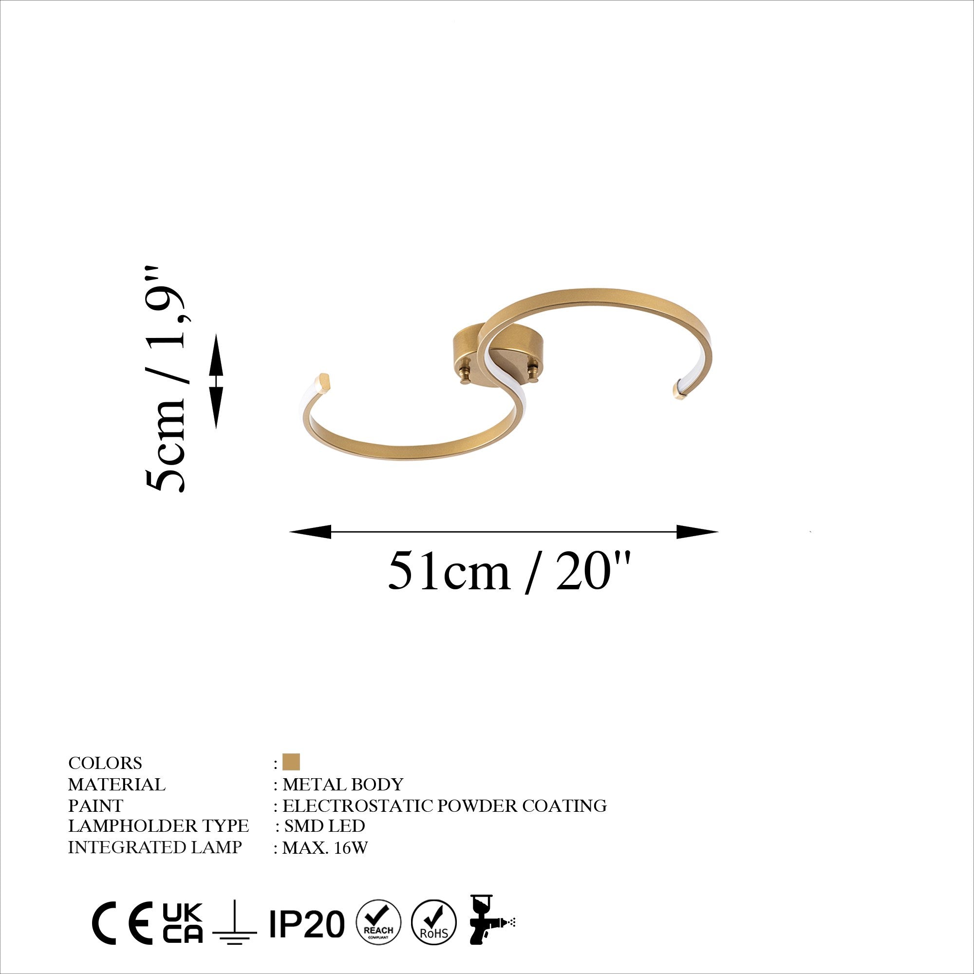 Candeeiro de Teto Dourado Elegante, Corpo em Metal, 25 cm de Largura x 51 cm de Altura | LED SMD 16W 3000K | Iluminação Elegante para Decoração e Ambiente Modernos