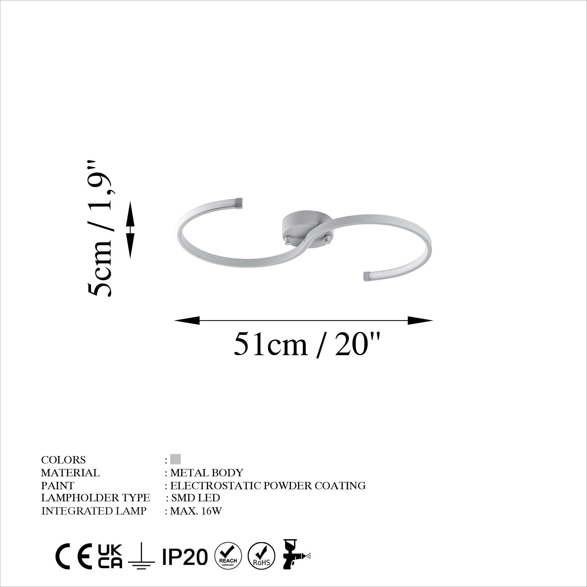 Candeeiro de Teto Cinza Elegante, Corpo de Metal, 25 cm de Largura x 51 cm de Altura | LED SMD 16W 3000K | Iluminação Elegante para Decoração Moderna, Classificação IP20