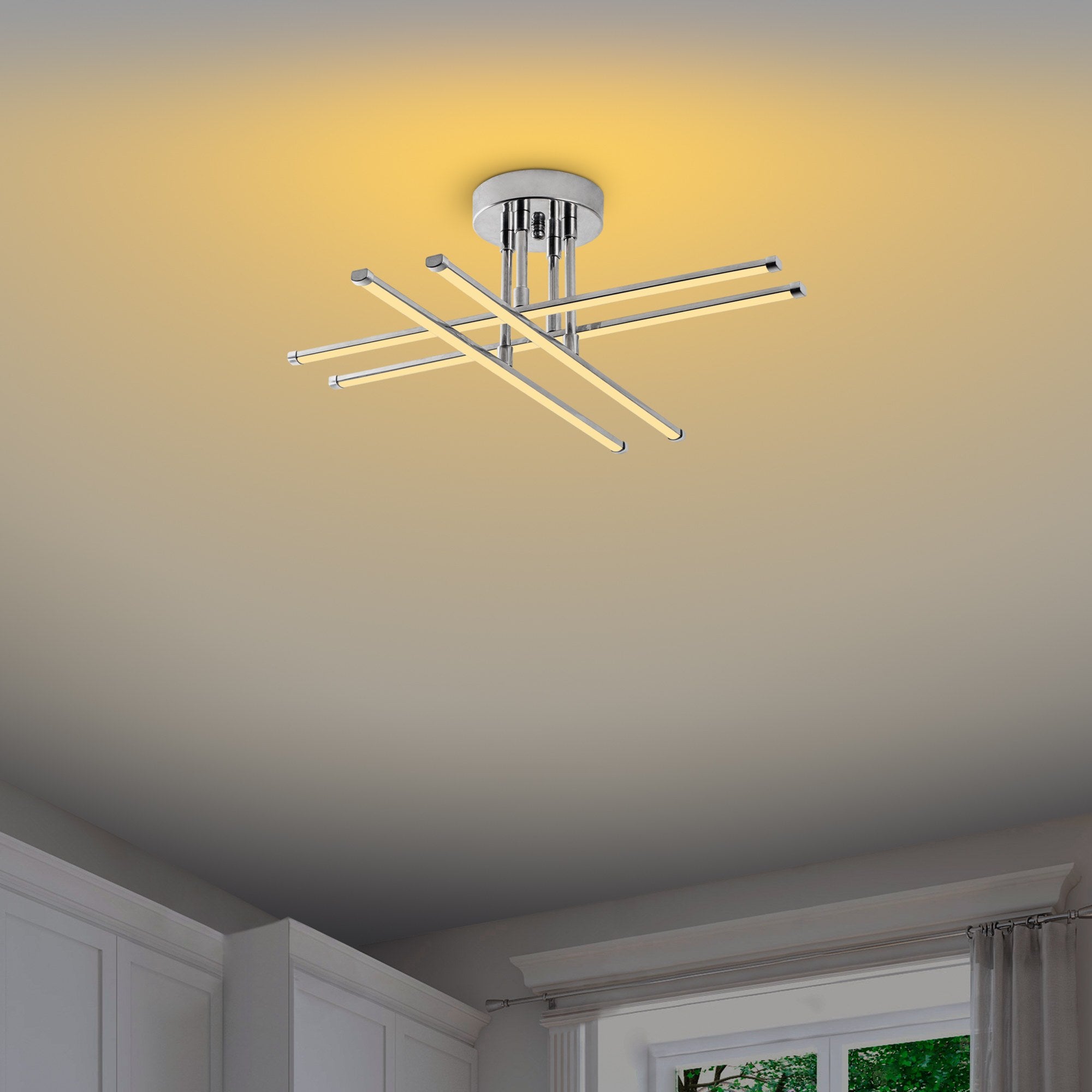 Candeeiro de Teto Cromado Elegante, Corpo em Metal, 61 x 22 x 61 cm | LED SMD 28W 3000K | Iluminação Elegante para Decoração e Ambiente Modernos