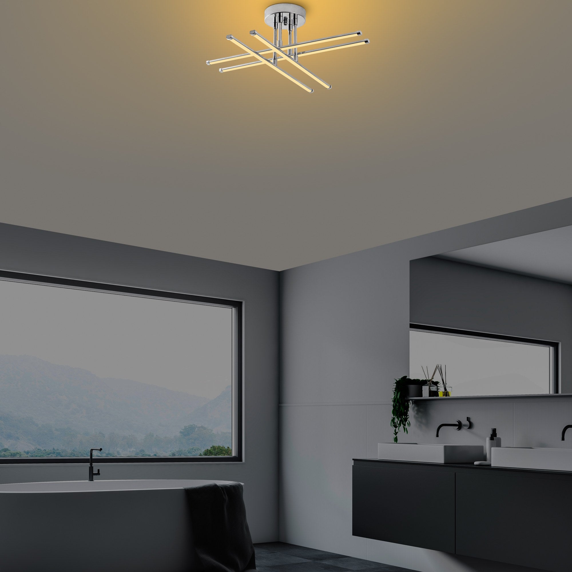 Candeeiro de Teto Cromado Elegante, Corpo em Metal, 61 x 22 x 61 cm | LED SMD 28W 3000K | Iluminação Elegante para Decoração e Ambiente Modernos