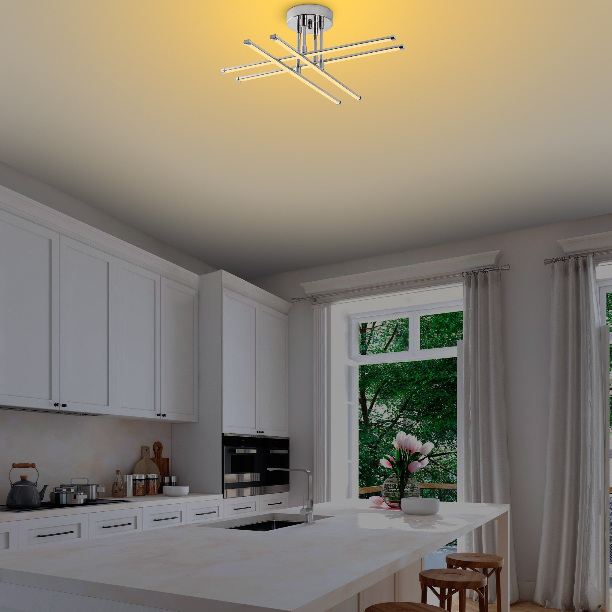 Candeeiro de Teto Cromado Elegante, Corpo em Metal, 61 x 22 x 61 cm | LED SMD 28W 3000K | Iluminação Elegante para Decoração e Ambiente Modernos