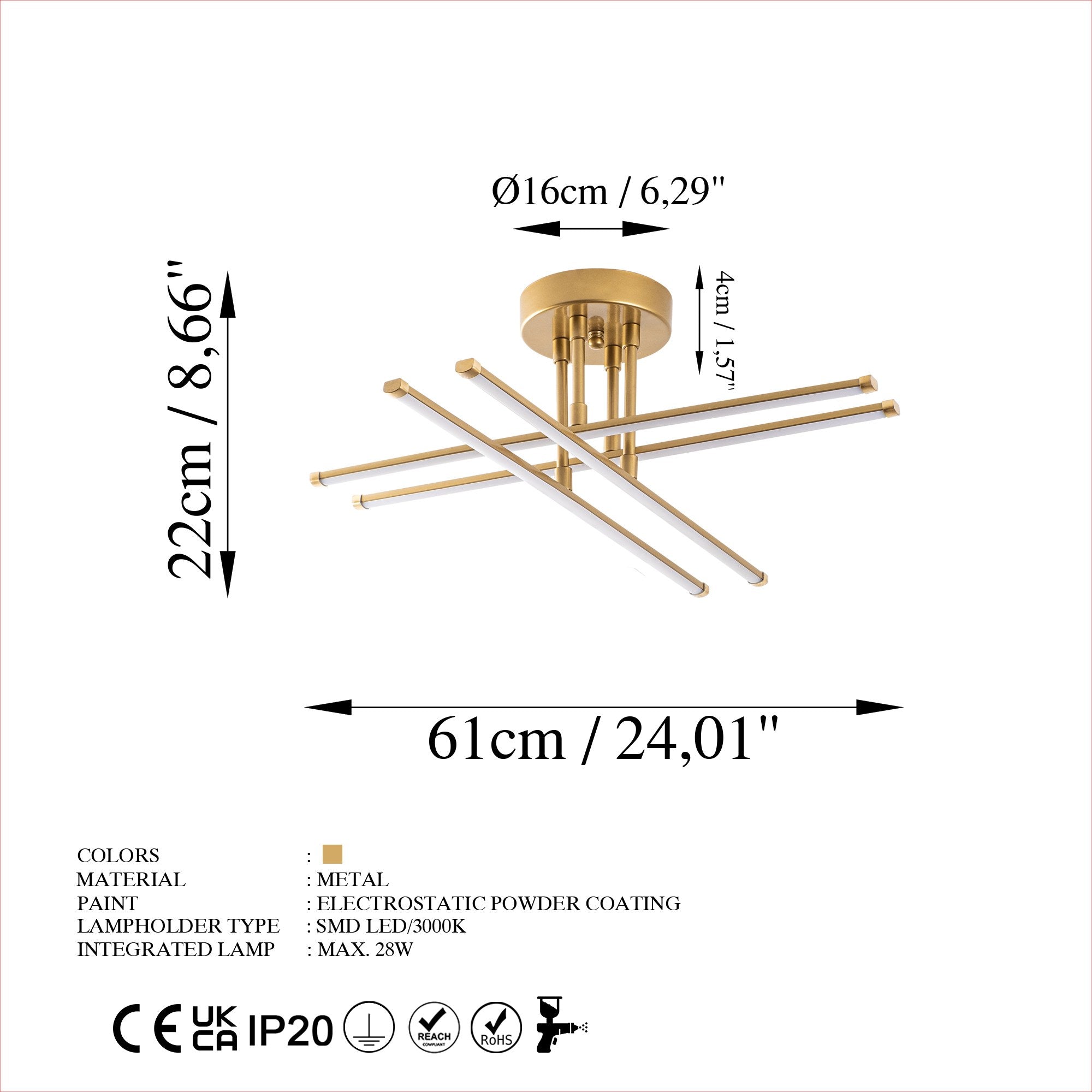 Candeeiro de Teto Dourado Elegante, Corpo em Metal, 61 x 22 x 61 cm | LED SMD 28W 3000K | Iluminação Elegante para Decoração Moderna, Classificação IP20, Design Durável