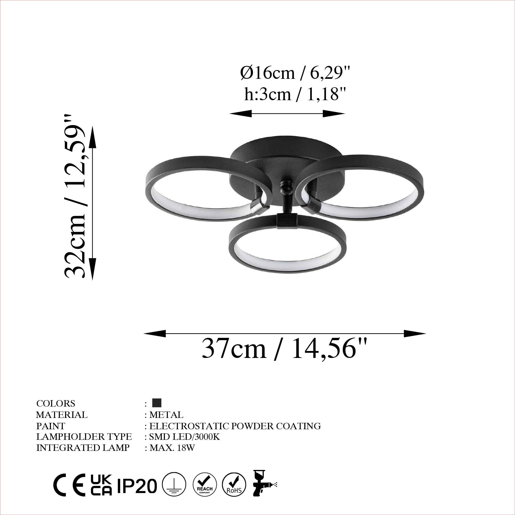 Candeeiro de Teto Preto Elegante, Corpo em Metal, 37x9x32 cm | LED SMD 18W 3000K | Iluminação Elegante para Decoração Moderna, Classificação IP20, Design Durável