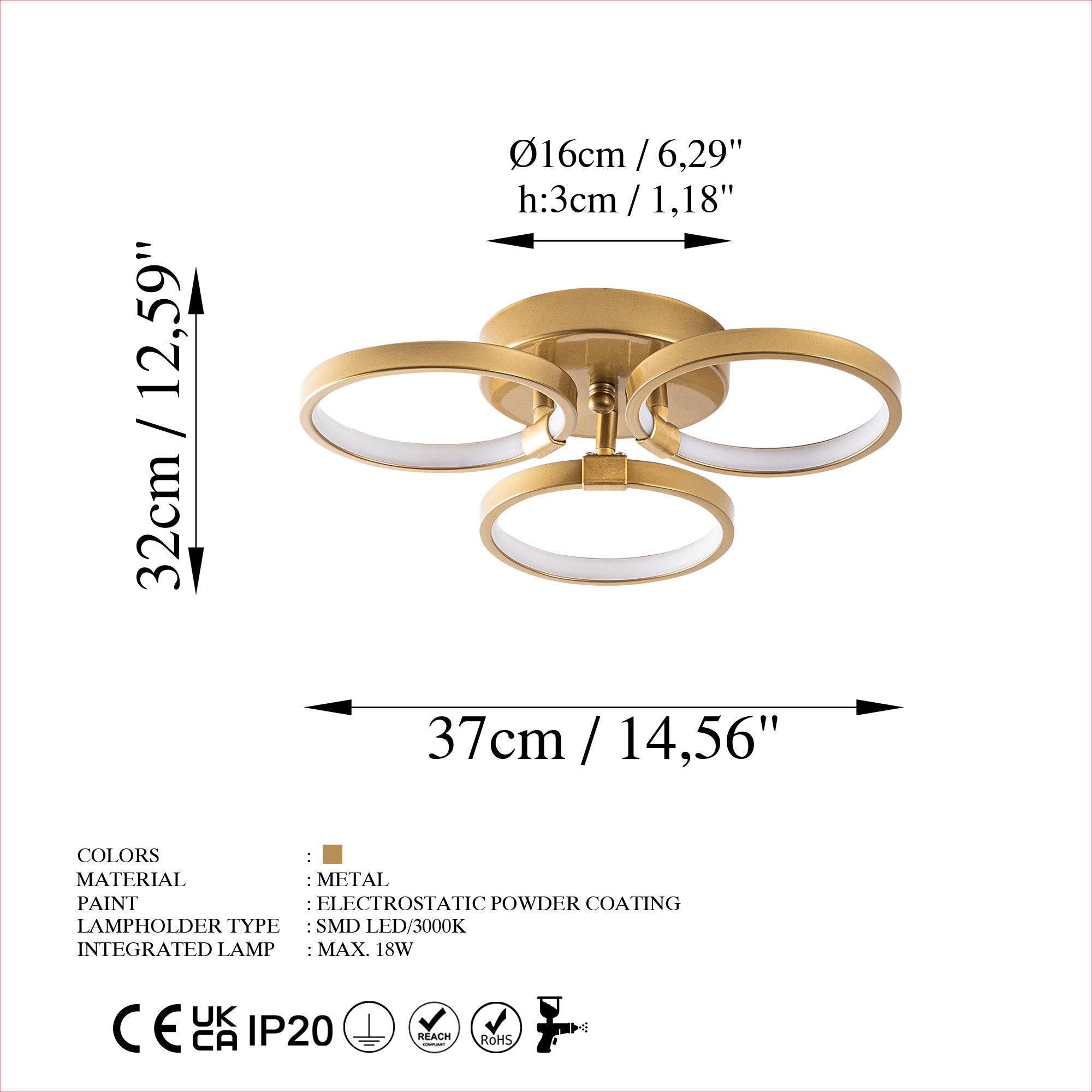 Candeeiro de Teto Dourado Elegante, Corpo em Metal, 37 x 9 x 32 cm | LED SMD 18W 3000K | Iluminação Elegante para Decoração e Ambiente Moderno | Classificação IP20