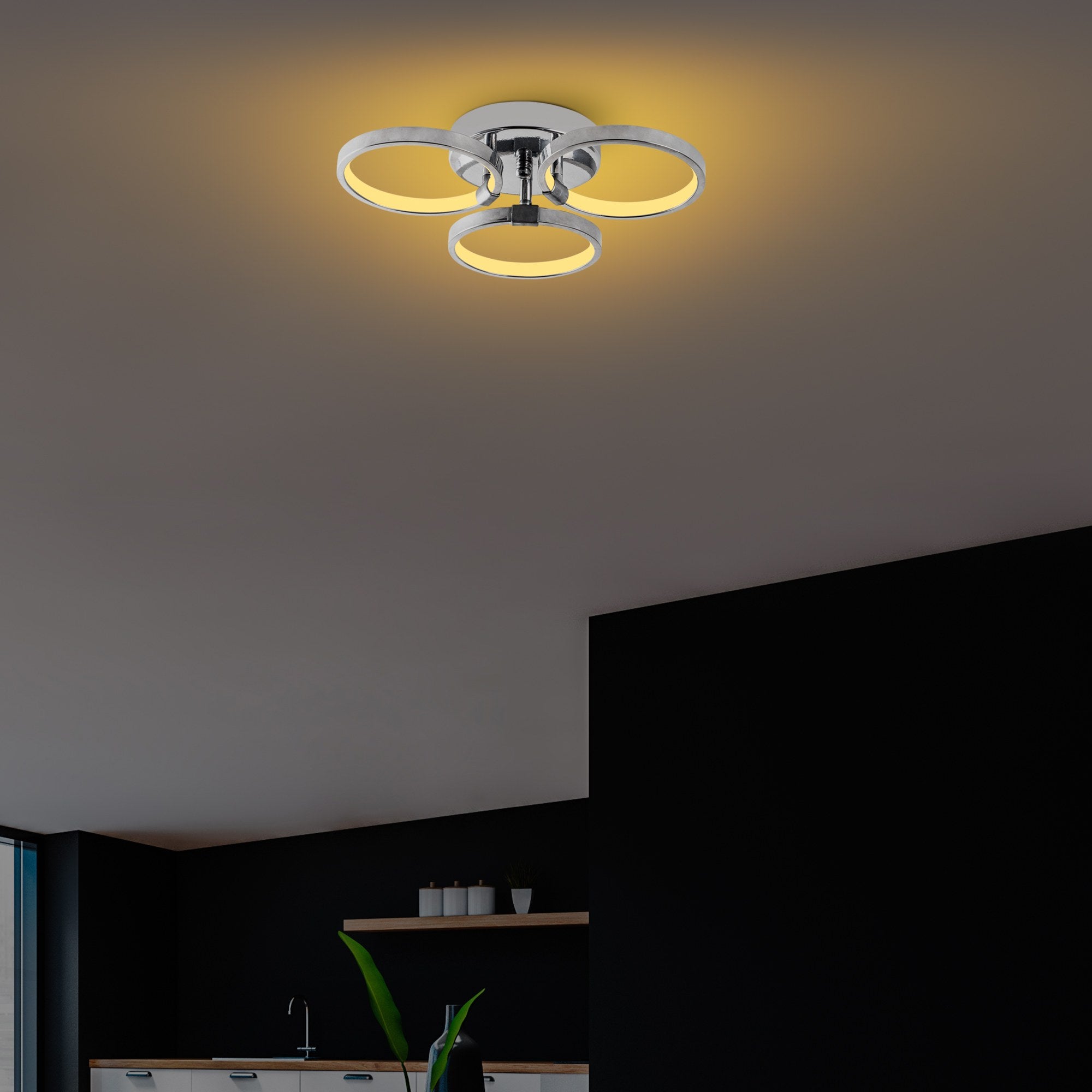 Candeeiro de Teto Cromado Elegante, Corpo em Metal, 37x9x32 cm | LED 18W 3000K, IP20 | Iluminação Elegante para Decoração Moderna de Casa e Salas de Jantar