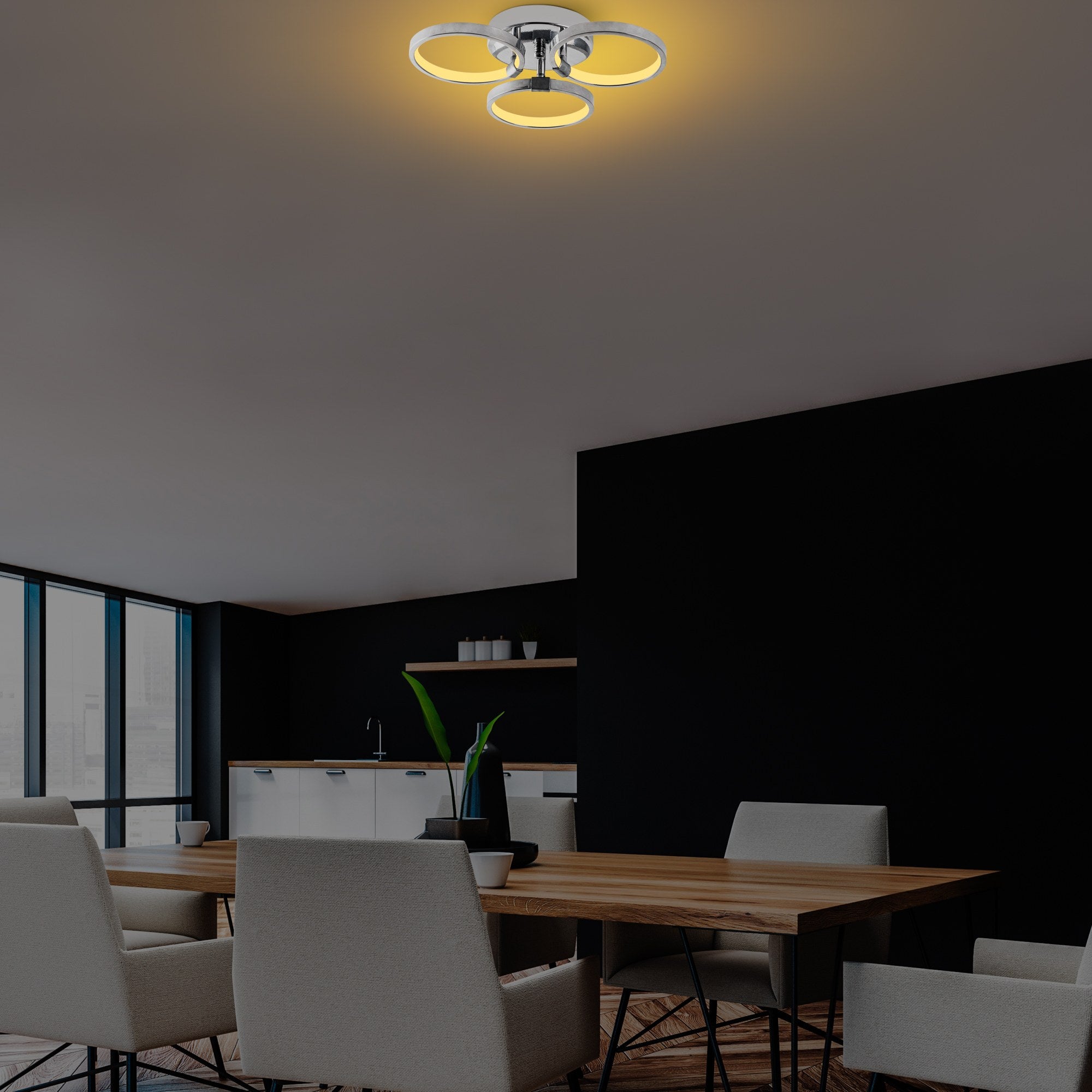 Candeeiro de Teto Cromado Elegante, Corpo em Metal, 37x9x32 cm | LED 18W 3000K, IP20 | Iluminação Elegante para Decoração Moderna de Casa e Salas de Jantar