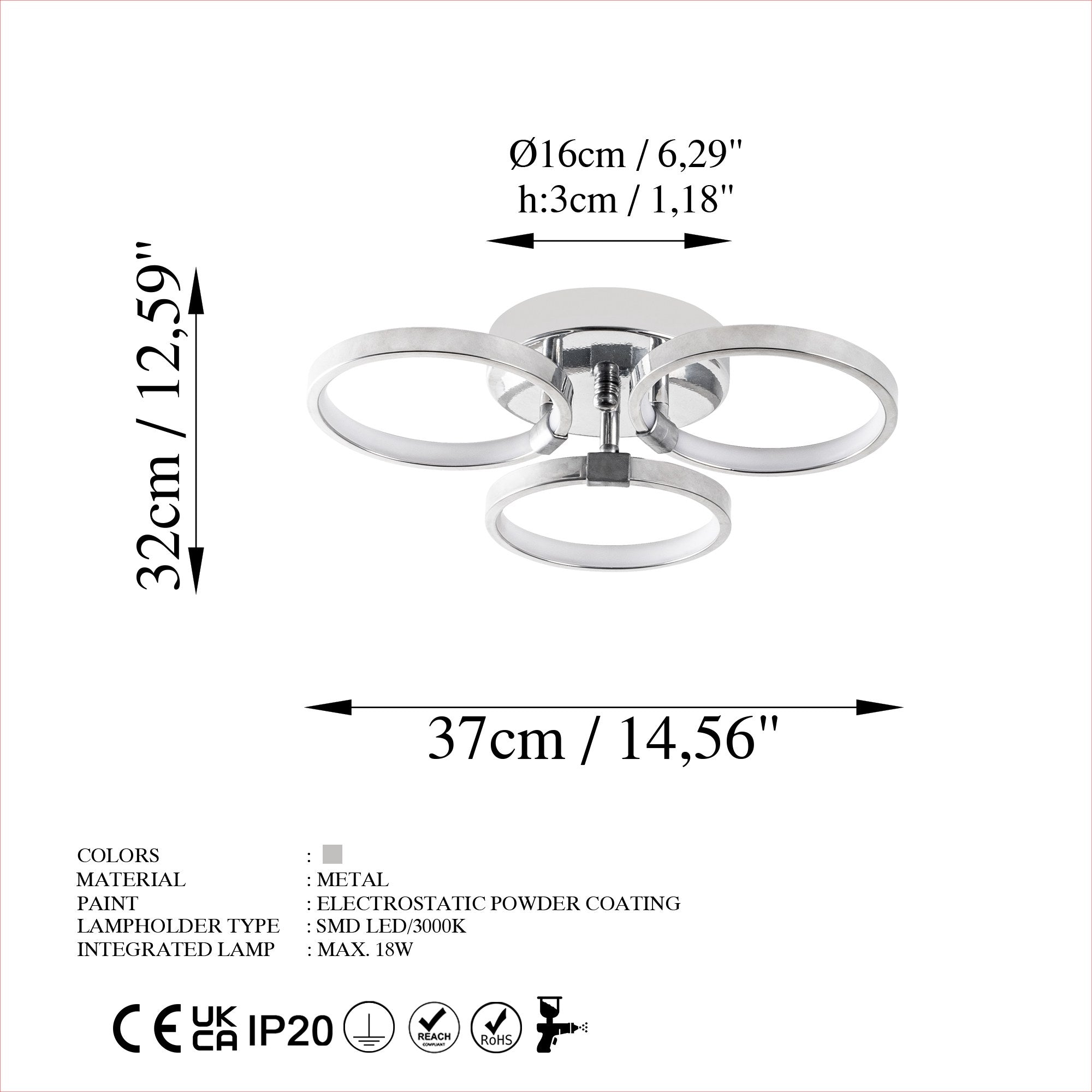 Candeeiro de Teto Cromado Elegante, Corpo em Metal, 37x9x32 cm | LED 18W 3000K, IP20 | Iluminação Elegante para Decoração Moderna de Casa e Salas de Jantar