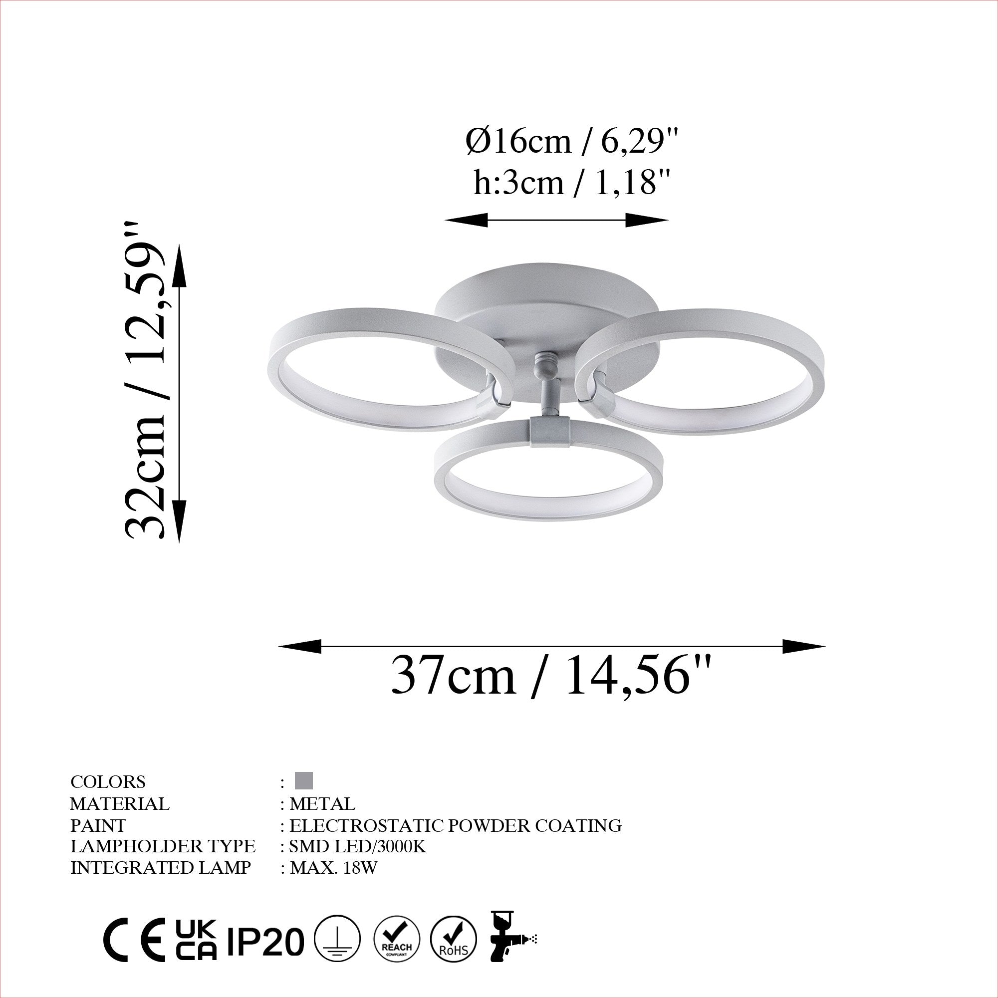 Candeeiro de Teto Nardo Cinza, Corpo em Metal, 37x32x9 cm | LED 18W 3000K, IP20 | Iluminação Elegante para Casas Modernas, Design Elegante e Construção Durável