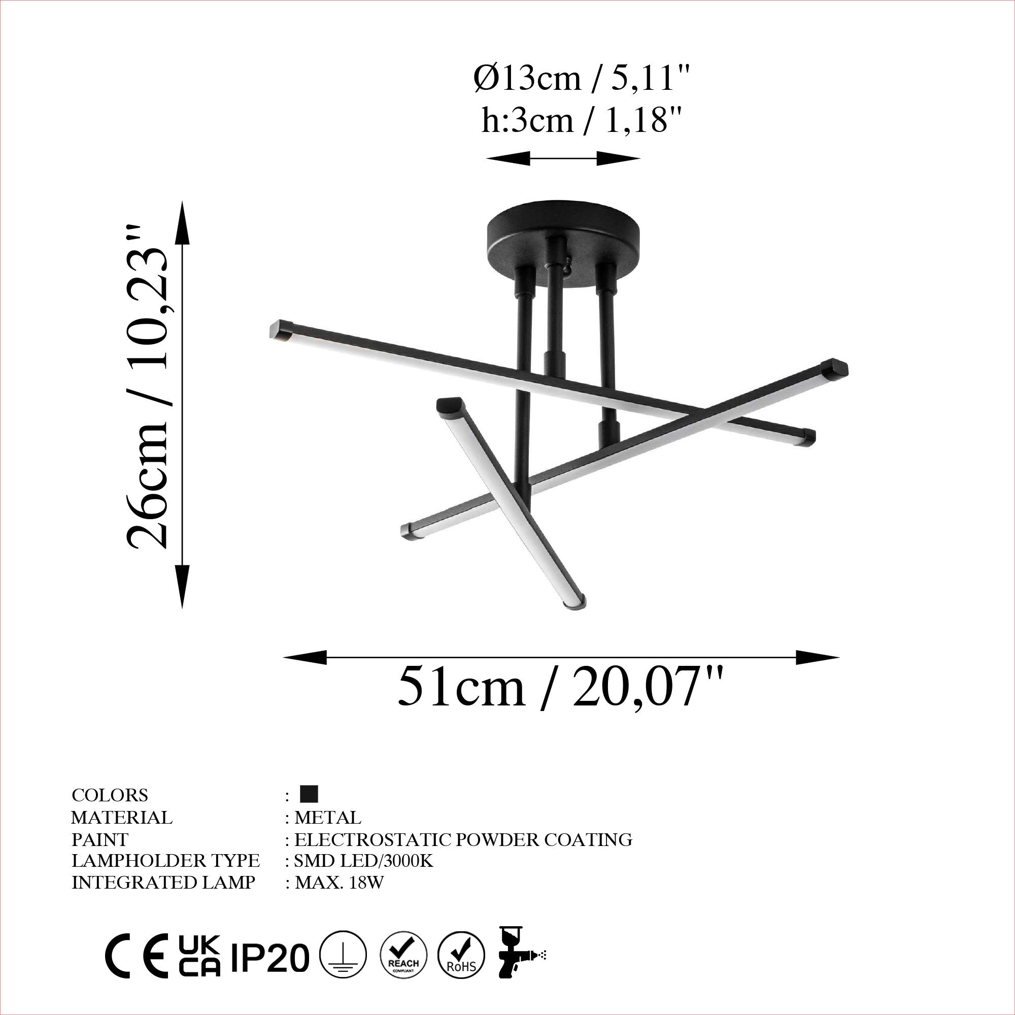 Candeeiro de Teto Preto Elegante, Corpo em Metal, 51 x 26 x 51 cm | LED SMD 18W 3000K | Iluminação Elegante para Decoração e Ambiente Modernos