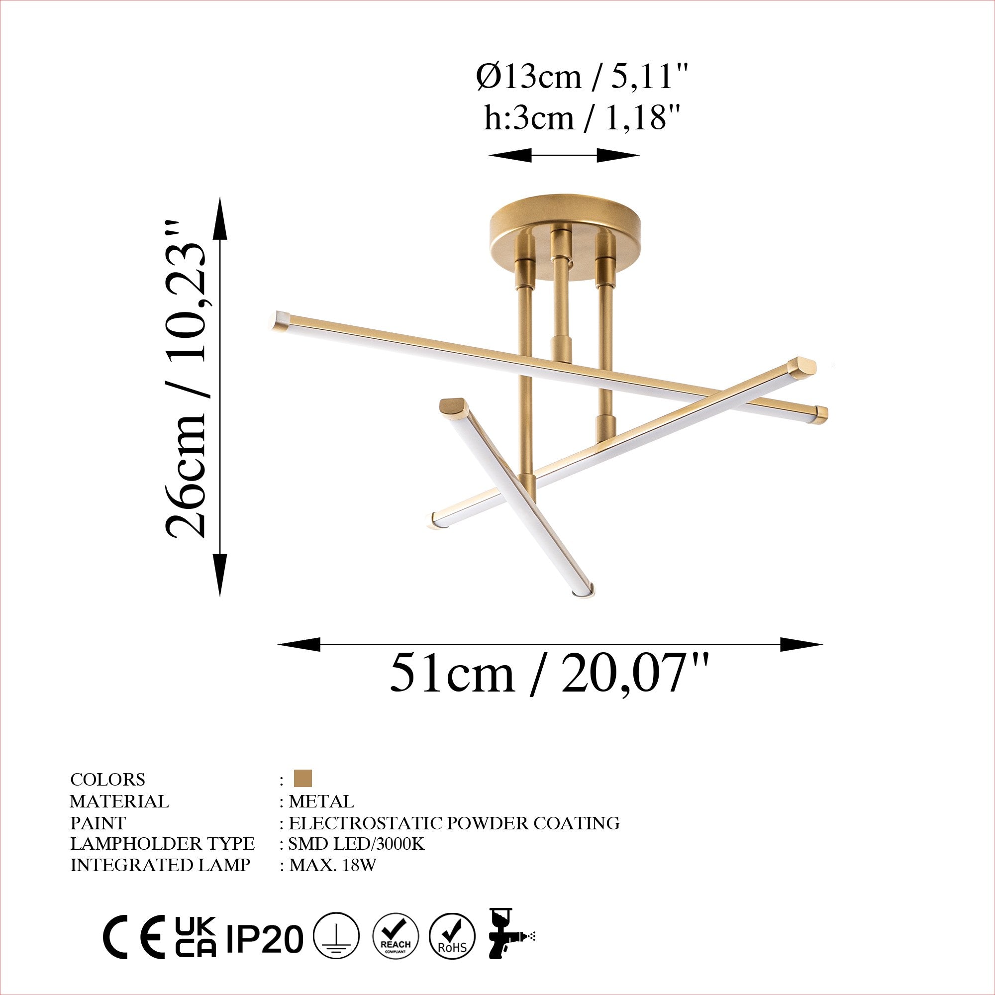 Candeeiro de Teto Dourado Elegante, Corpo em Metal, 51 x 26 x 51 cm | LED SMD 18 W 3000 K | Iluminação Elegante para Decoração Moderna de Casa e Salas de Jantar