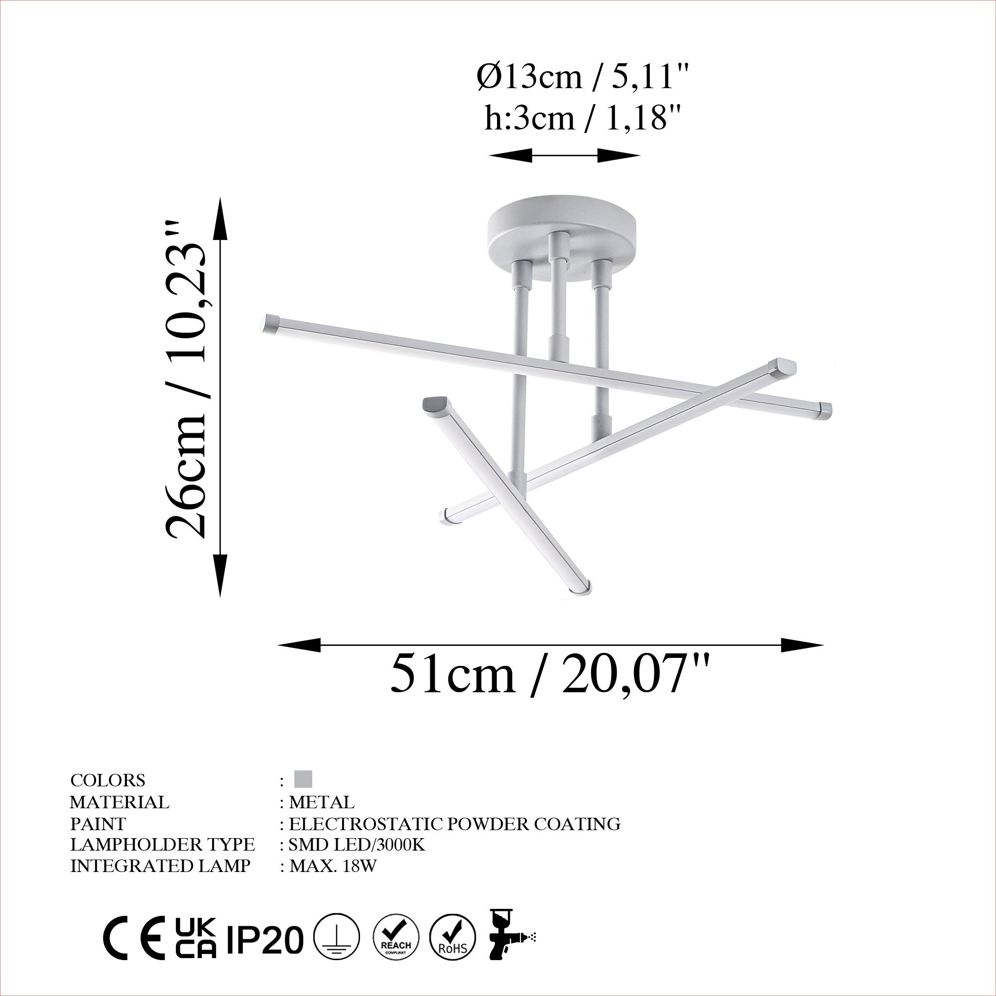 Candeeiro de Teto Nardo Grey, Corpo em Metal, 51 x 26 x 51 cm | LED 18W 3000K, IP20 | Iluminação Elegante para Casas Modernas, Design Elegante e Durável