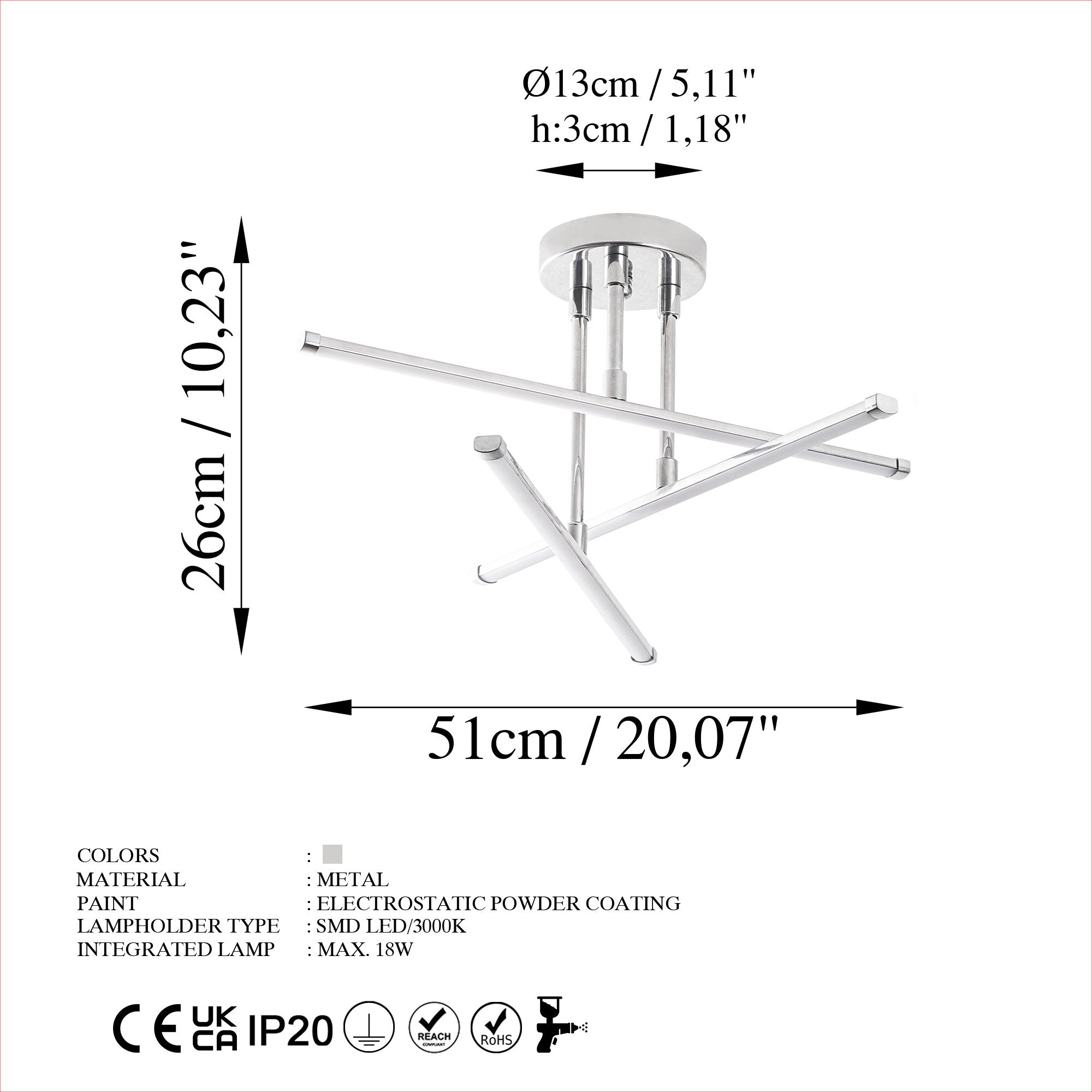 Candeeiro de Teto – 51 x 26 x 51 cm – Cromado – Metal