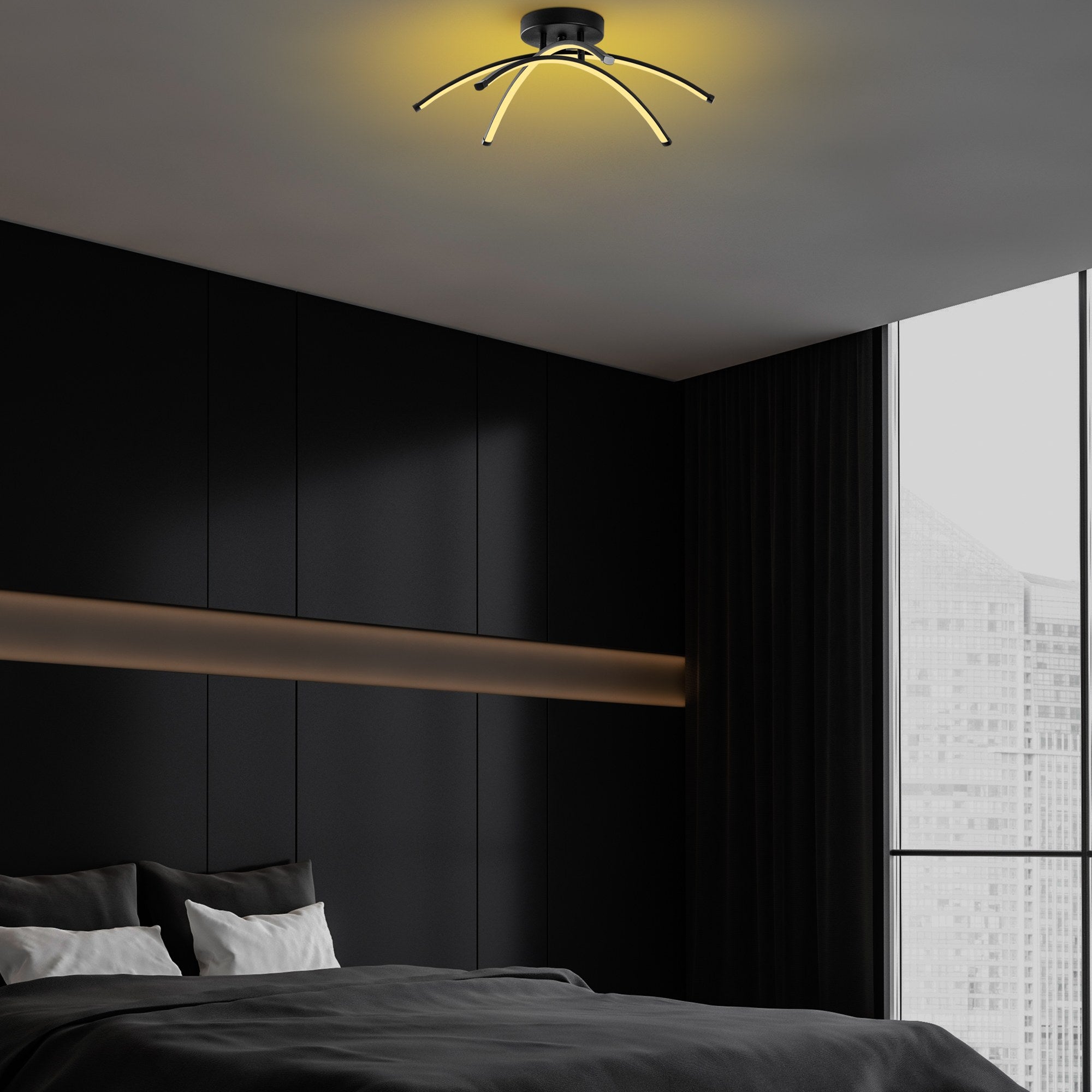 Candeeiro de Teto Preto Elegante, Corpo em Metal, 57 cm de Largura, 20 cm de Altura | LED SMD 28W 3000K | Iluminação Elegante para Decoração e Ambiente Modernos