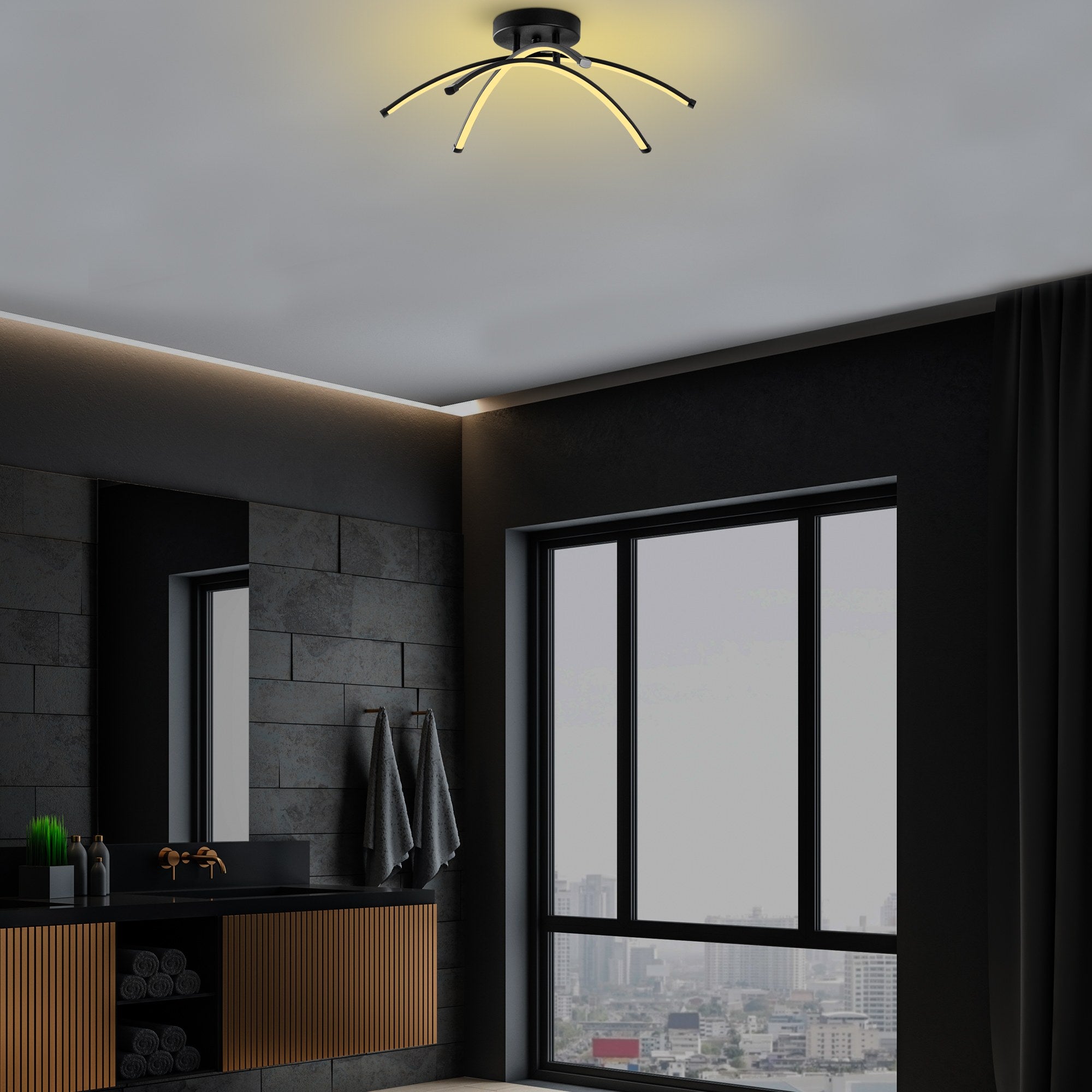 Candeeiro de Teto Preto Elegante, Corpo em Metal, 57 cm de Largura, 20 cm de Altura | LED SMD 28W 3000K | Iluminação Elegante para Decoração e Ambiente Modernos