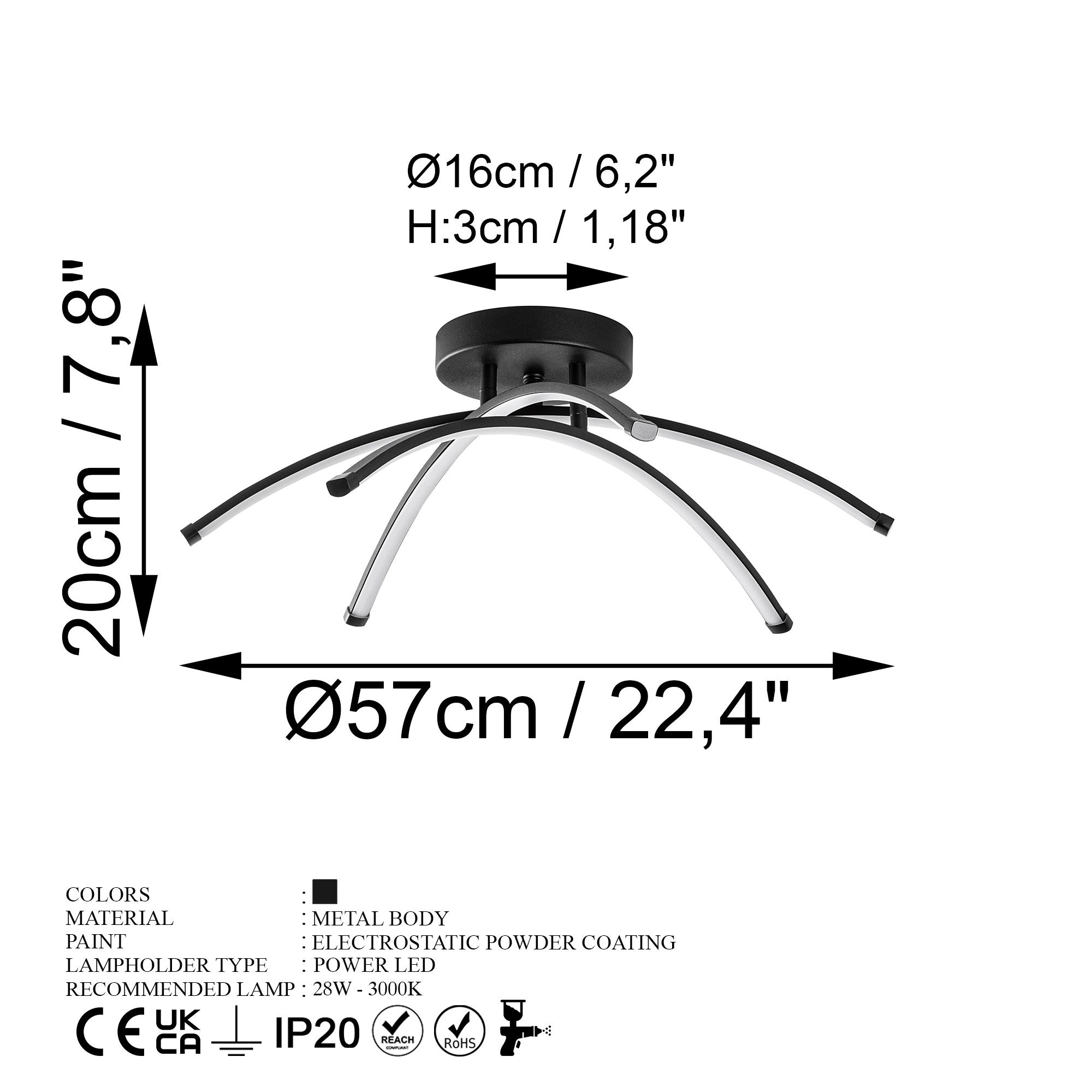 Candeeiro de Teto Preto Elegante, Corpo em Metal, 57 cm de Largura, 20 cm de Altura | LED SMD 28W 3000K | Iluminação Elegante para Decoração e Ambiente Modernos