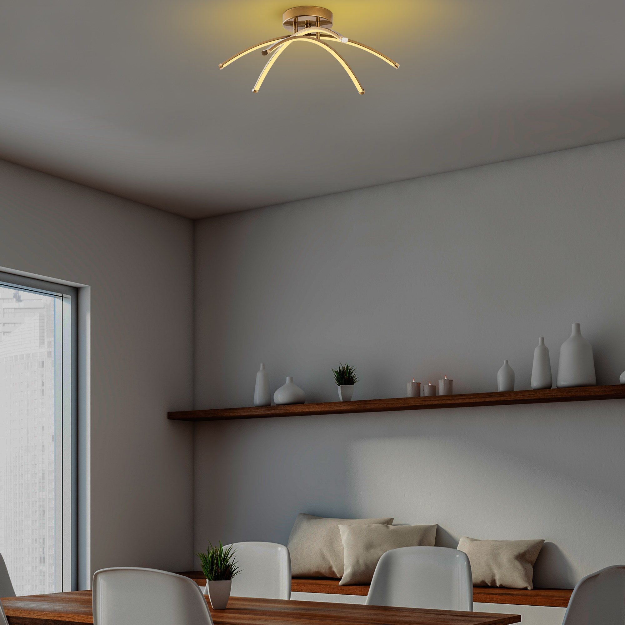 Candeeiro de Teto Dourado Elegante, Corpo em Metal, 57 cm de Largura, 20 cm de Altura | LED SMD 28W 3000K | Iluminação Elegante para Decoração e Ambiente Modernos