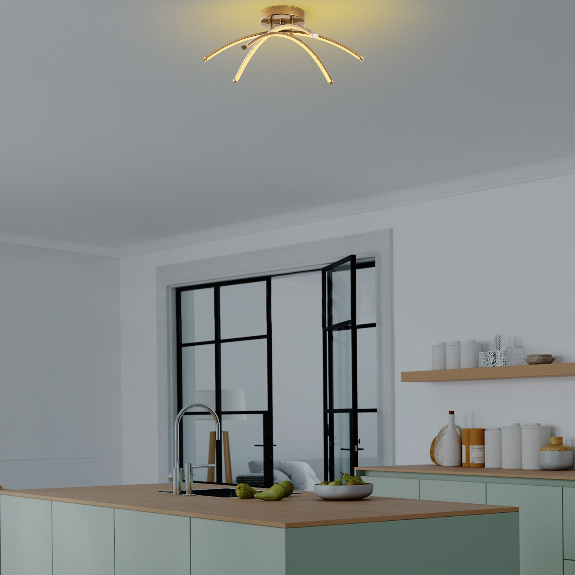 Candeeiro de Teto Dourado Elegante, Corpo em Metal, 57 cm de Largura, 20 cm de Altura | LED SMD 28W 3000K | Iluminação Elegante para Decoração e Ambiente Modernos