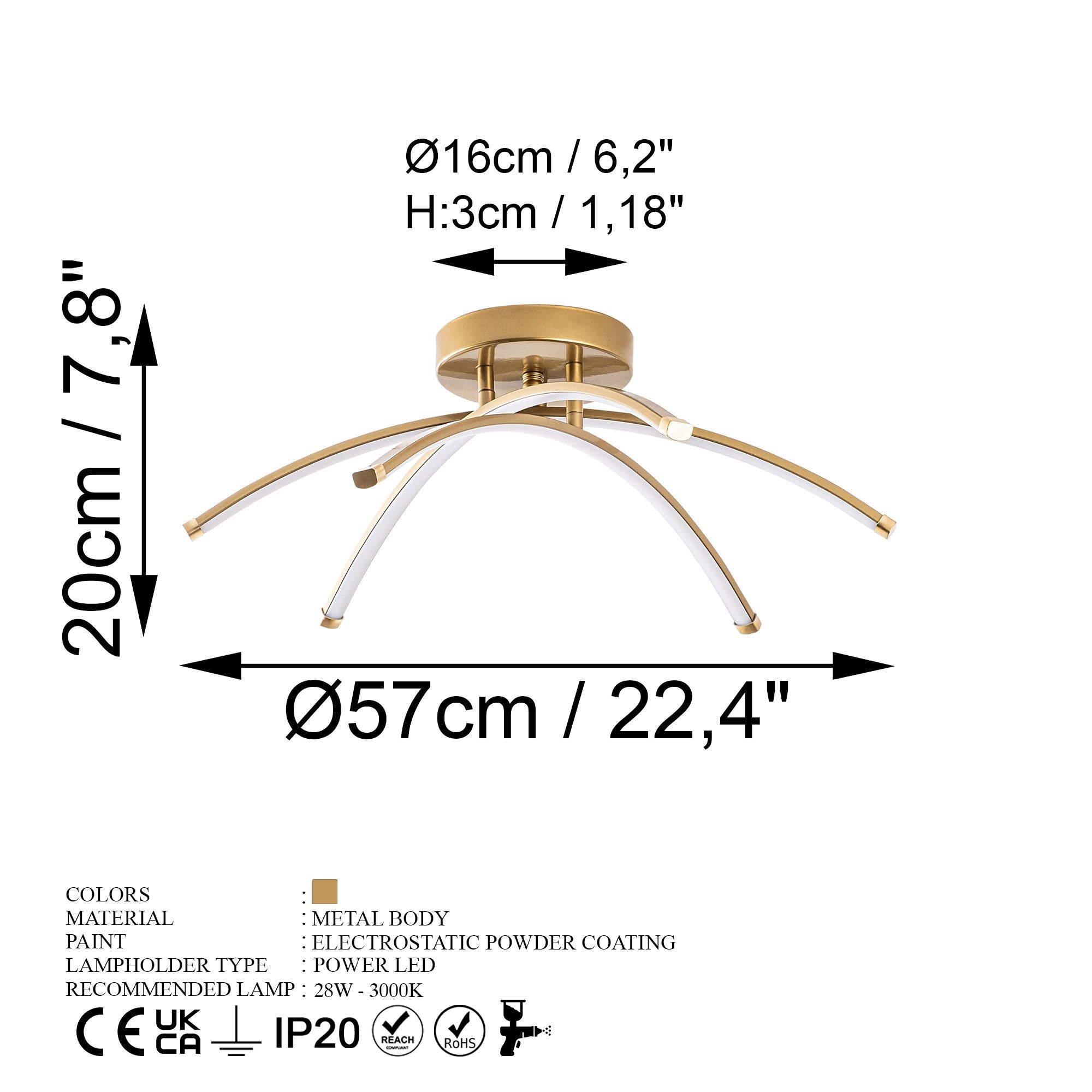 Candeeiro de Teto Dourado Elegante, Corpo em Metal, 57 cm de Largura, 20 cm de Altura | LED SMD 28W 3000K | Iluminação Elegante para Decoração e Ambiente Modernos