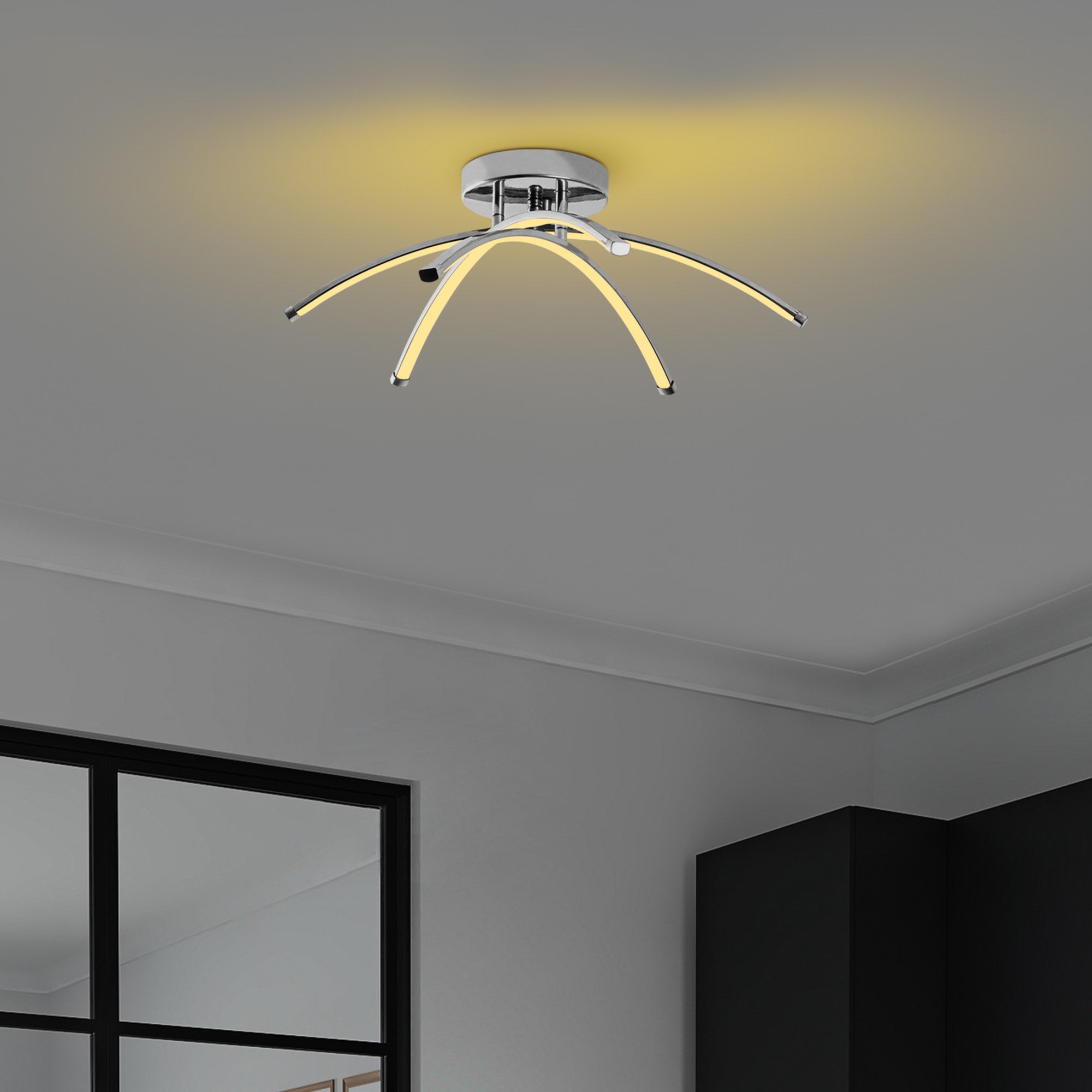 Candeeiro de Teto Cromado Elegante, Corpo em Metal, 57 cm de Largura, 20 cm de Altura | LED SMD 28W 3000K | Iluminação Elegante para Decoração Moderna