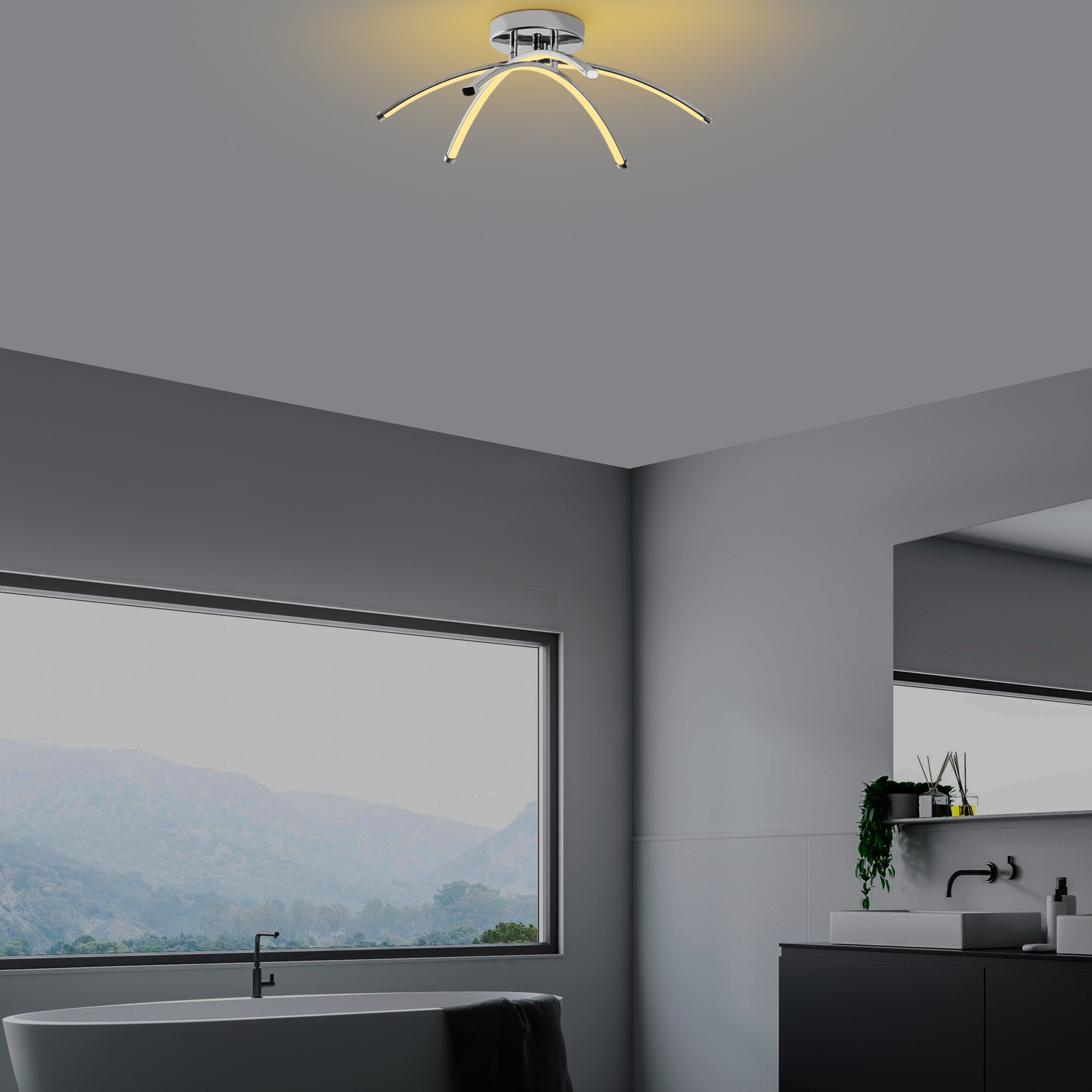 Candeeiro de Teto Cromado Elegante, Corpo em Metal, 57 cm de Largura, 20 cm de Altura | LED SMD 28W 3000K | Iluminação Elegante para Decoração Moderna