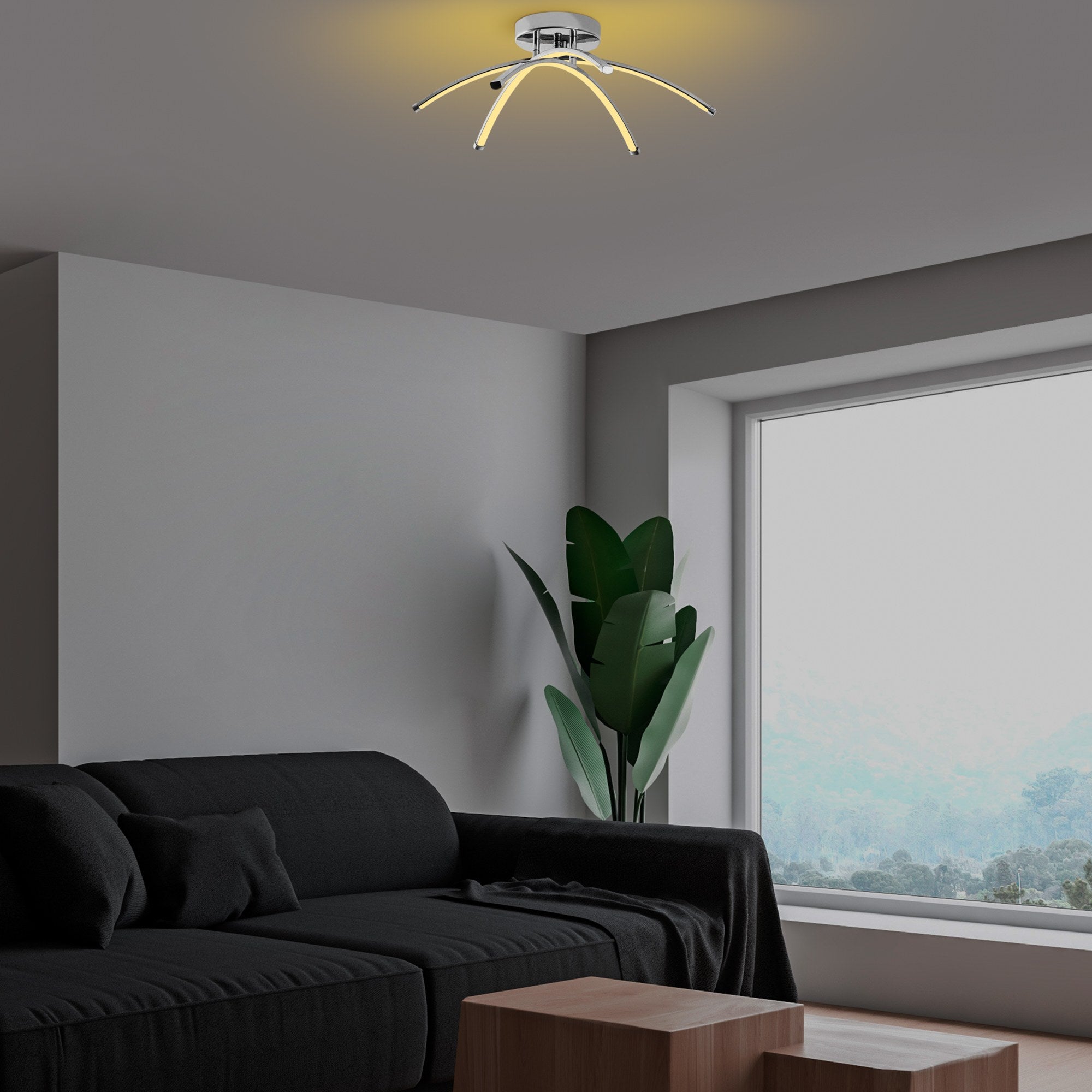 Candeeiro de Teto Cromado Elegante, Corpo em Metal, 57 cm de Largura, 20 cm de Altura | LED SMD 28W 3000K | Iluminação Elegante para Decoração Moderna
