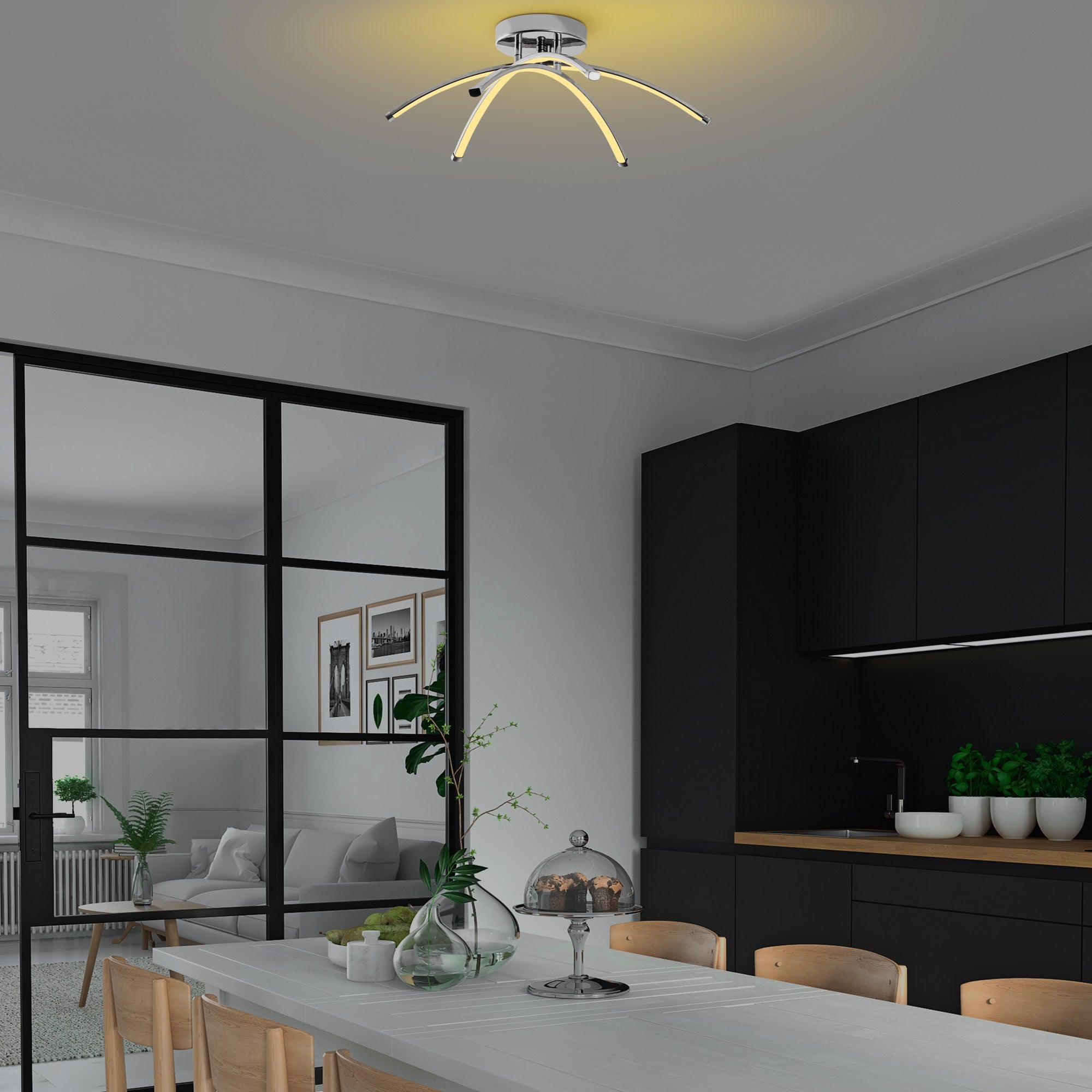 Candeeiro de Teto Cromado Elegante, Corpo em Metal, 57 cm de Largura, 20 cm de Altura | LED SMD 28W 3000K | Iluminação Elegante para Decoração Moderna