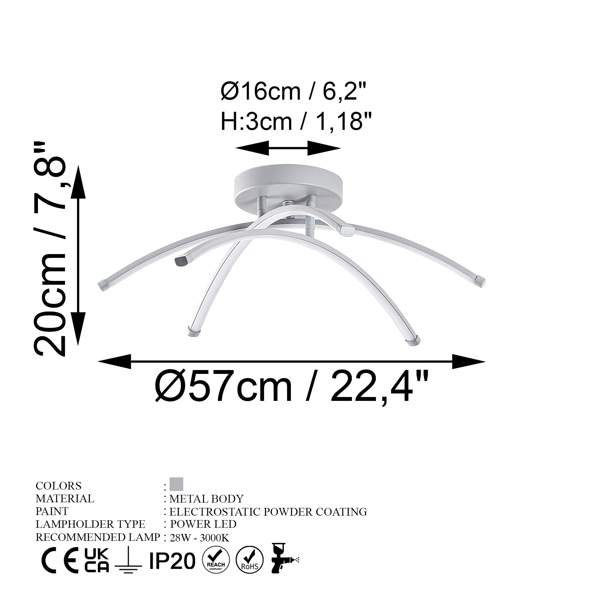 Candeeiro de Teto Cinza Elegante, Corpo de Metal, 57 cm de Largura, 20 cm de Altura | LED SMD 28W 3000K | Iluminação Elegante para Casas e Escritórios Modernos