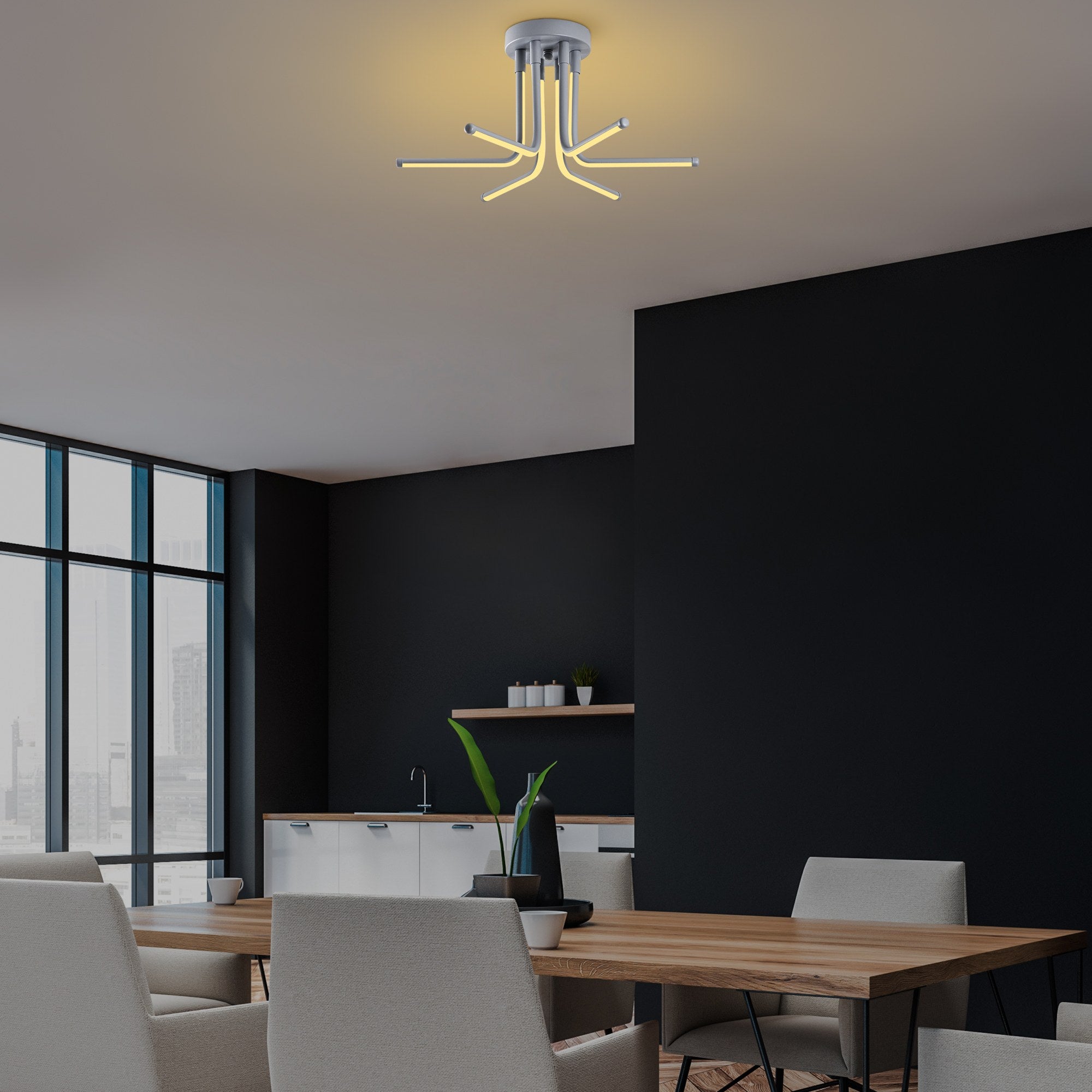 Candeeiro de Teto Cinza Elegante, Corpo de Metal, 55 cm de Largura x 25 cm de Altura | LED SMD 28W 3000K | Iluminação Elegante para Decoração e Ambiente Modernos