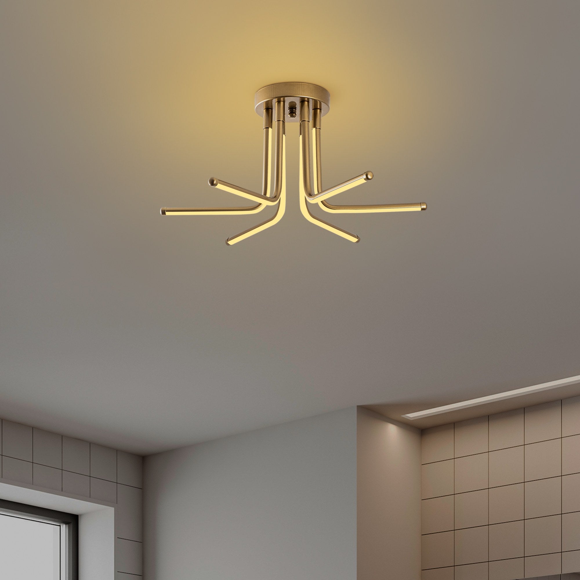 Candeeiro de Teto Dourado Elegante, Corpo em Metal, 55 cm de Largura, 25 cm de Altura | LED SMD 28W 3000K | Iluminação Elegante para Decoração e Ambiente Modernos