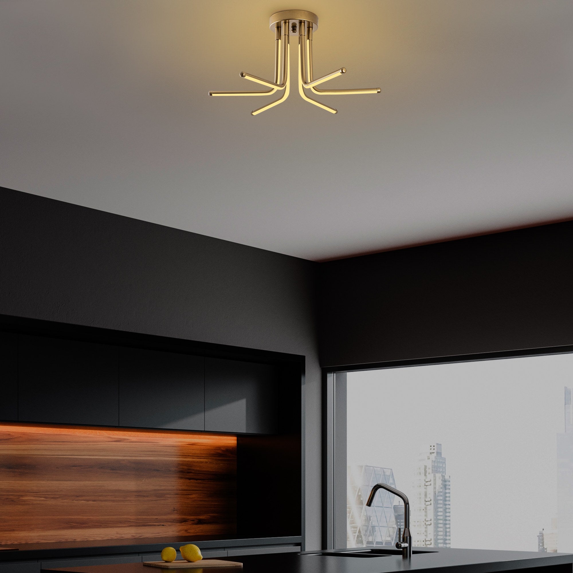 Candeeiro de Teto Dourado Elegante, Corpo em Metal, 55 cm de Largura, 25 cm de Altura | LED SMD 28W 3000K | Iluminação Elegante para Decoração e Ambiente Modernos