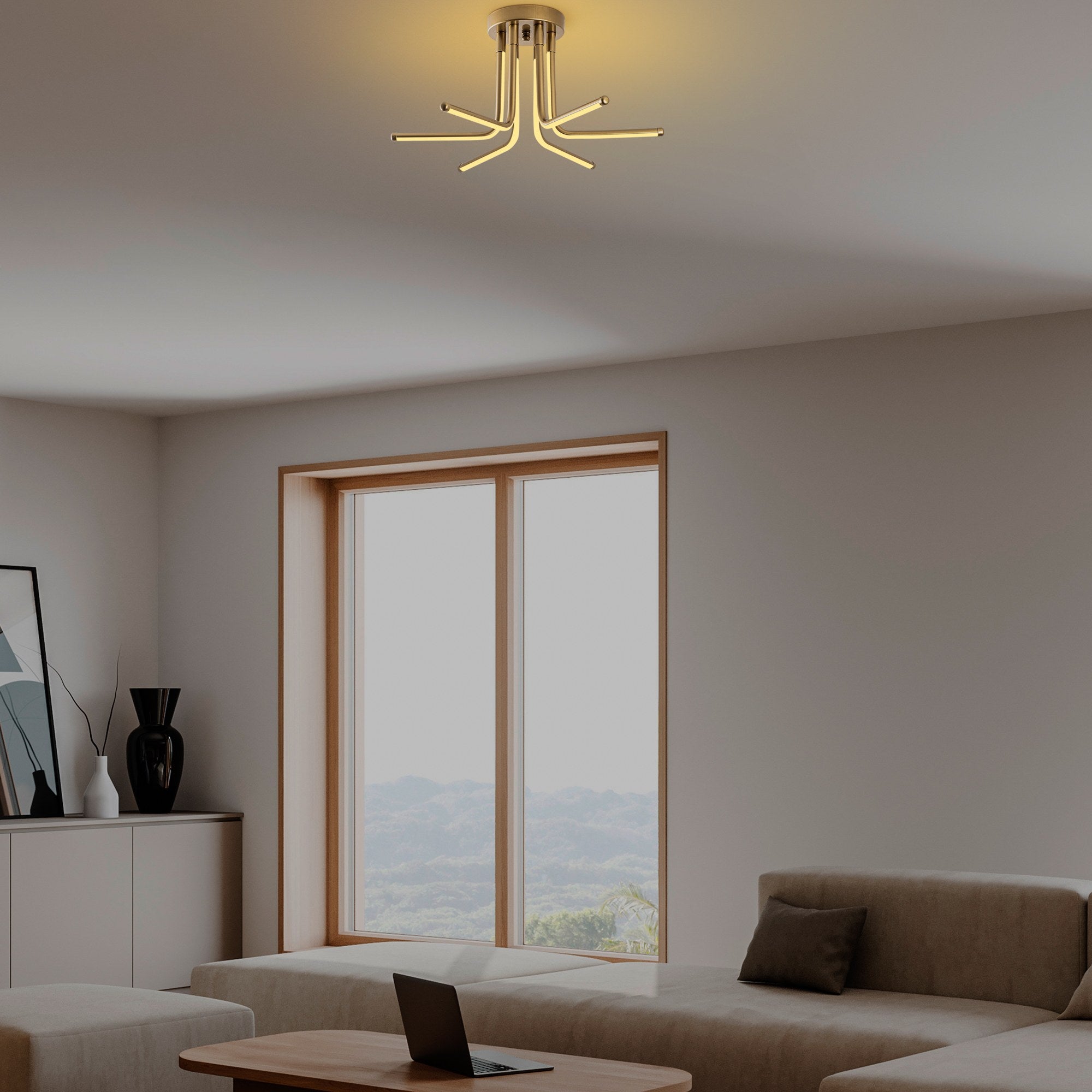 Candeeiro de Teto Dourado Elegante, Corpo em Metal, 55 cm de Largura, 25 cm de Altura | LED SMD 28W 3000K | Iluminação Elegante para Decoração e Ambiente Modernos