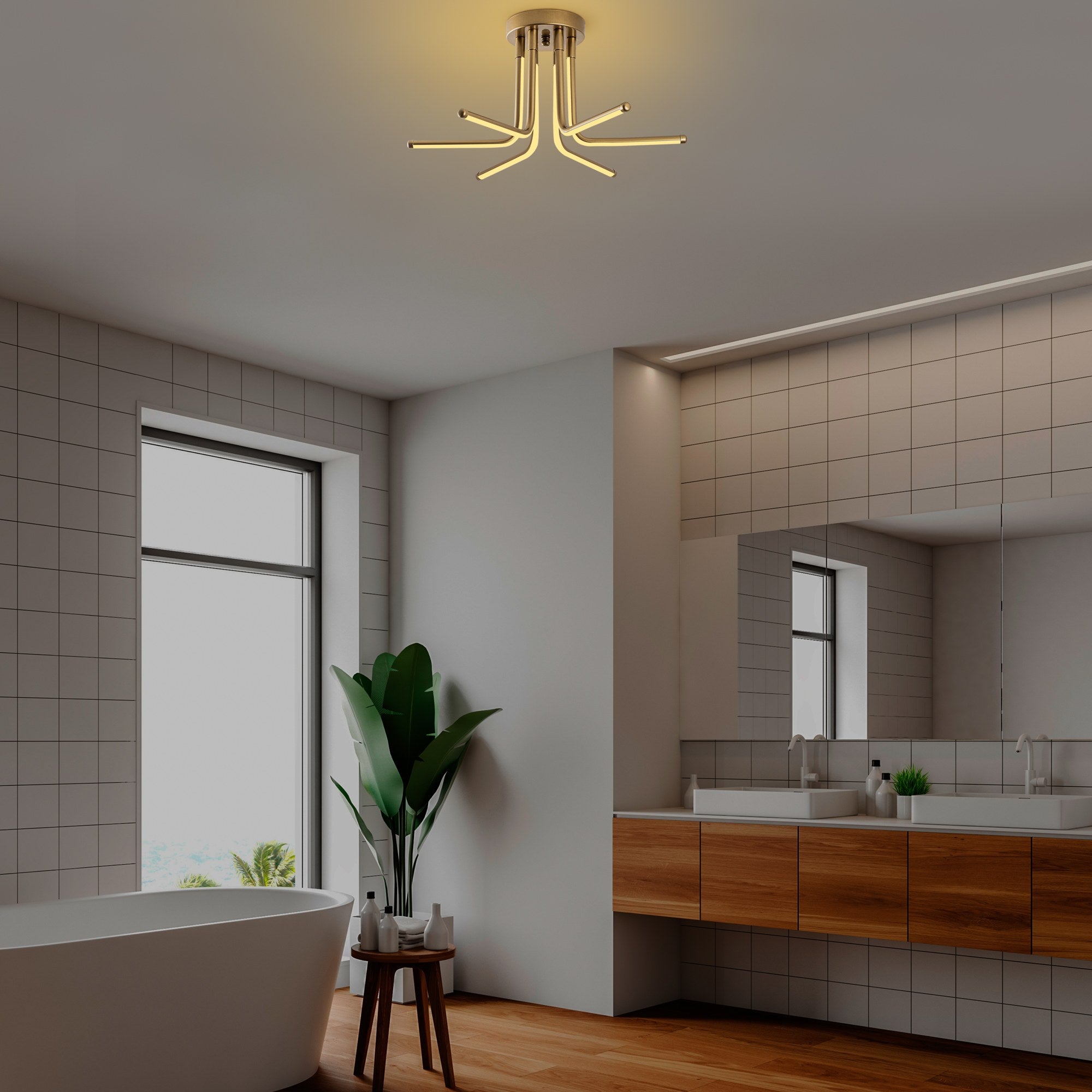 Candeeiro de Teto Dourado Elegante, Corpo em Metal, 55 cm de Largura, 25 cm de Altura | LED SMD 28W 3000K | Iluminação Elegante para Decoração e Ambiente Modernos