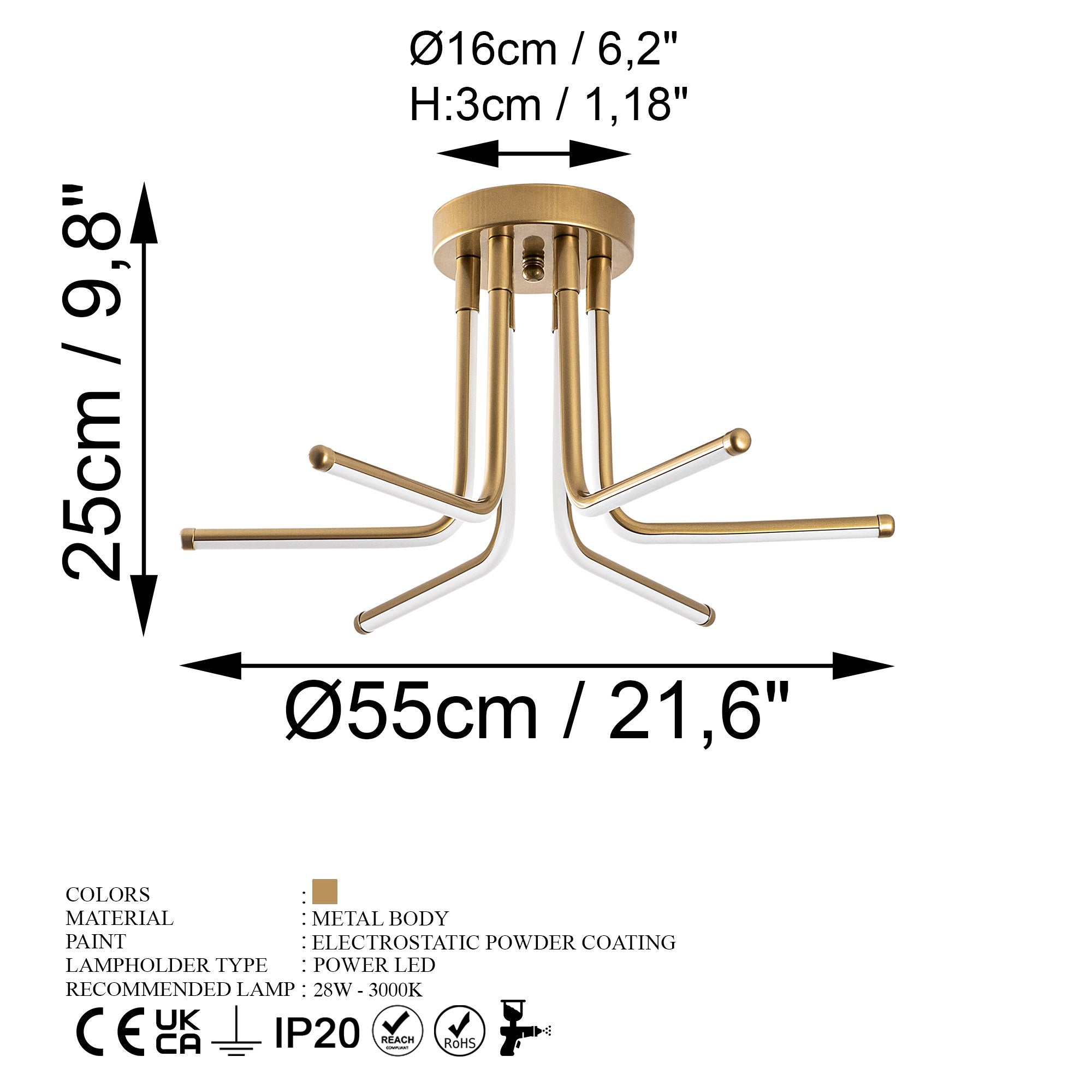 Candeeiro de Teto Dourado Elegante, Corpo em Metal, 55 cm de Largura, 25 cm de Altura | LED SMD 28W 3000K | Iluminação Elegante para Decoração e Ambiente Modernos