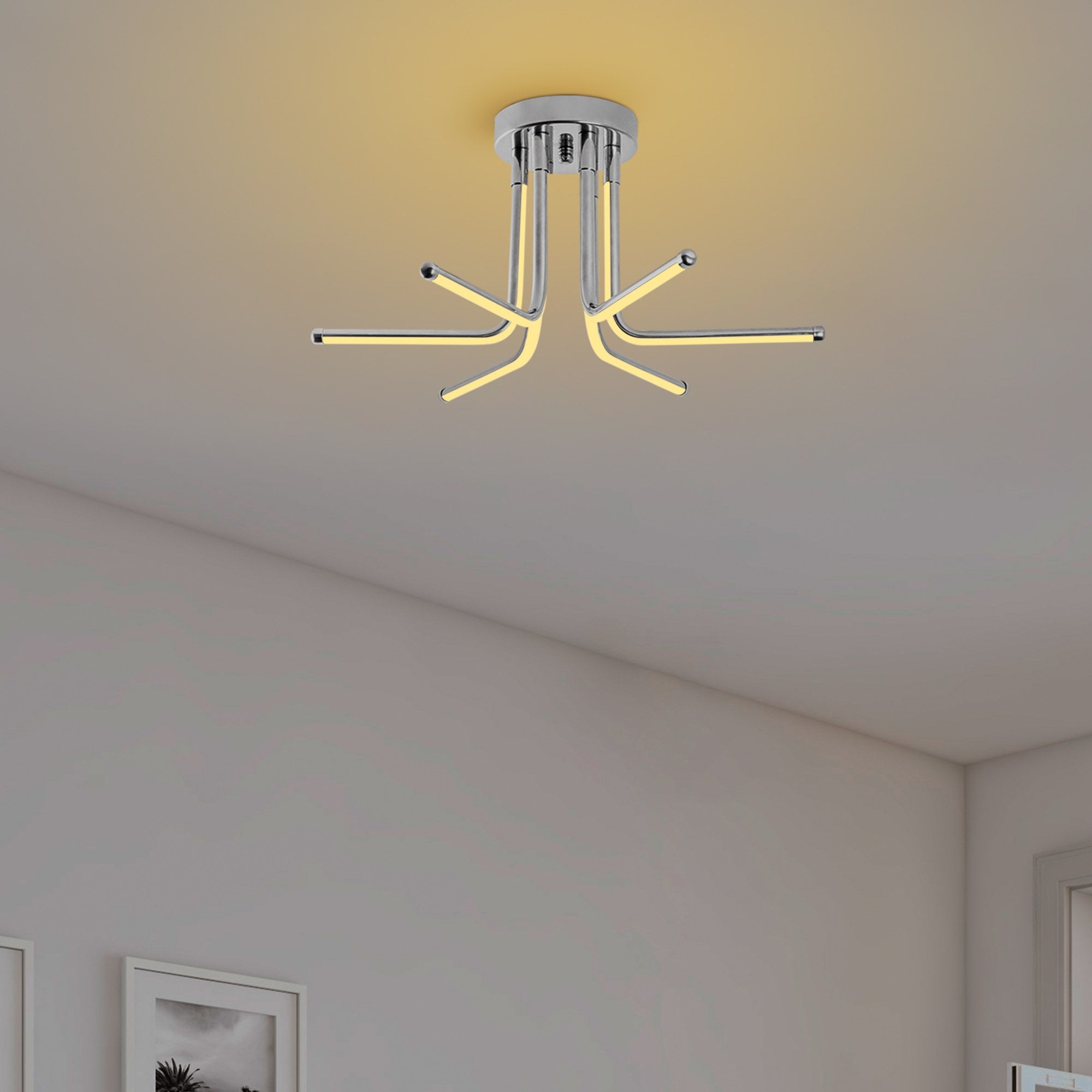 Candeeiro de Teto Cromado Elegante, Corpo em Metal, 55 cm de Largura x 25 cm de Altura | LED SMD 28W 3000K | Iluminação Elegante para Decoração Moderna