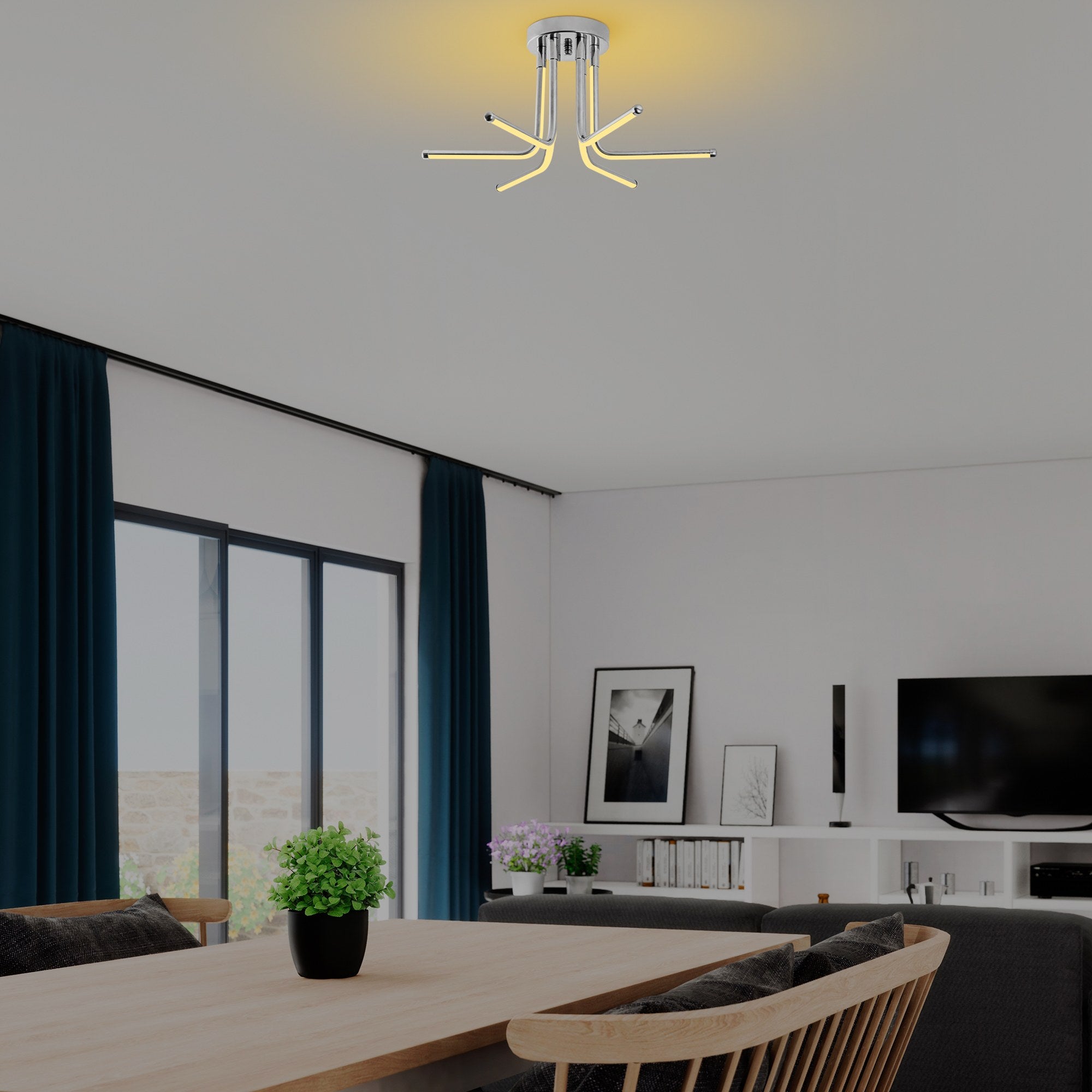 Candeeiro de Teto Cromado Elegante, Corpo em Metal, 55 cm de Largura x 25 cm de Altura | LED SMD 28W 3000K | Iluminação Elegante para Decoração Moderna