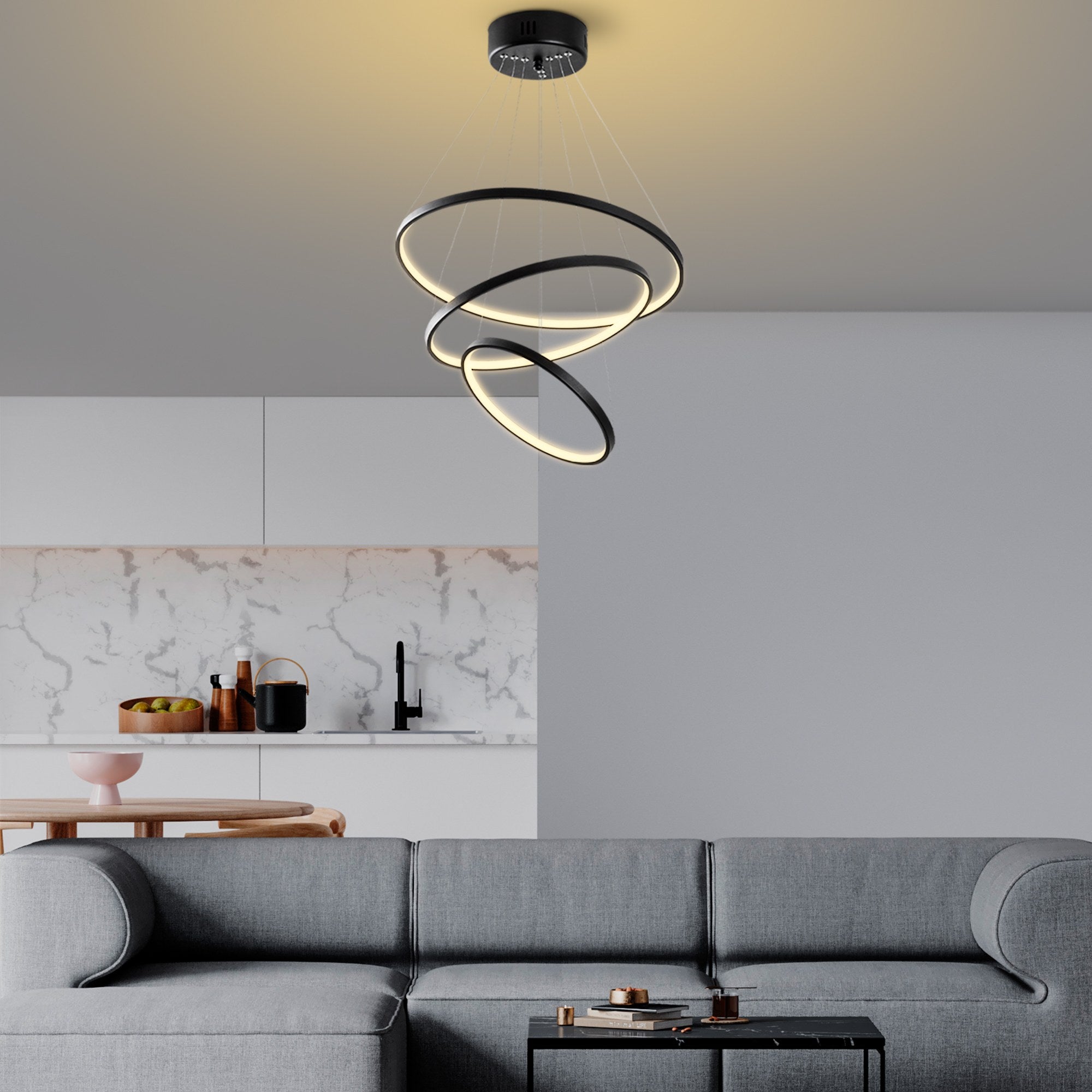 Candeeiro de Teto Preto Elegante, Corpo em Metal, 50 cm de Largura x 80 cm de Altura | LED SMD 28W 3000K | Iluminação Elegante para Decoração e Ambiente Modernos