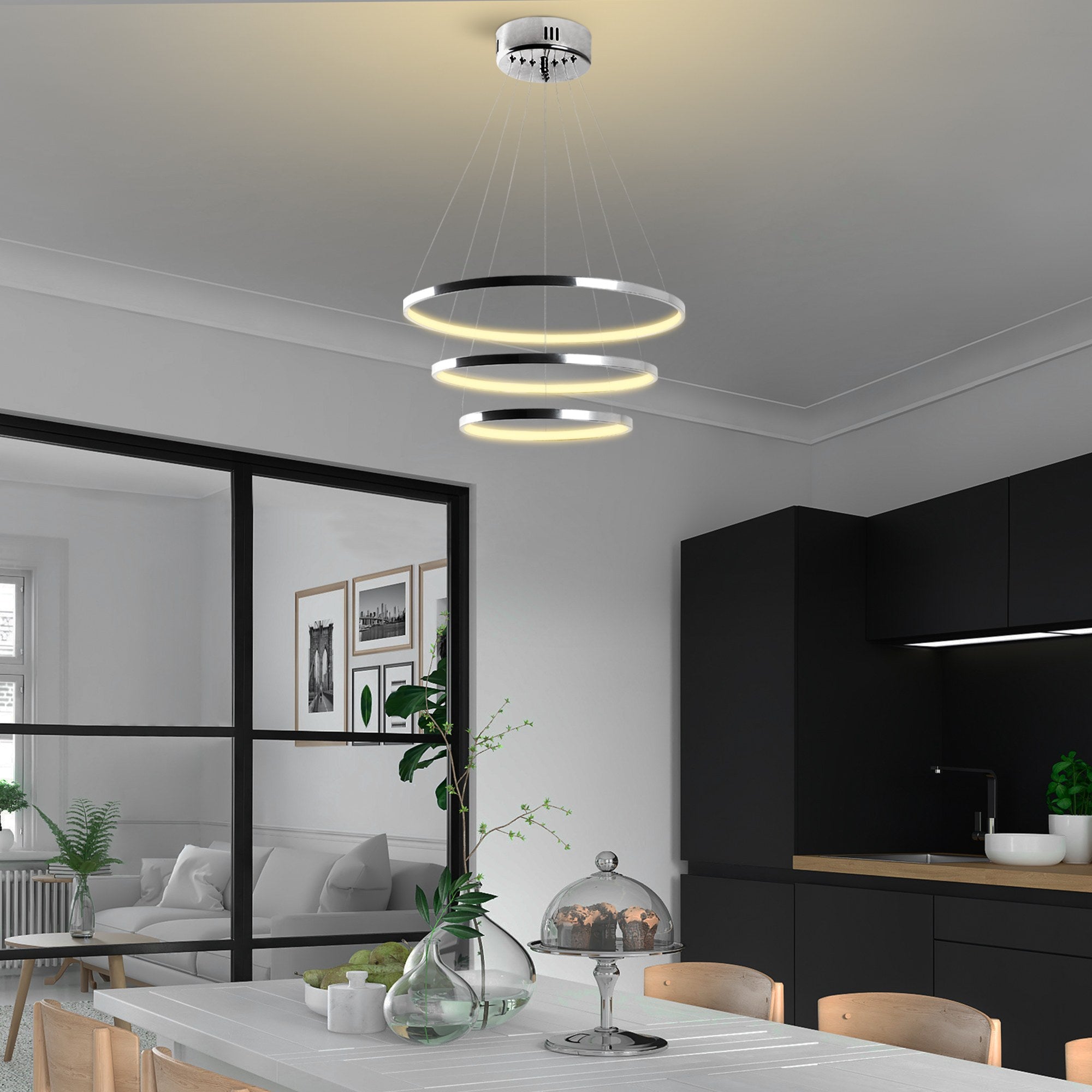 Candeeiro de Teto Cromado Elegante, Corpo em Metal, 50 cm de Largura x 80 cm de Altura | LED SMD 28W 3000K | Iluminação Elegante para Decoração e Ambiente Modernos