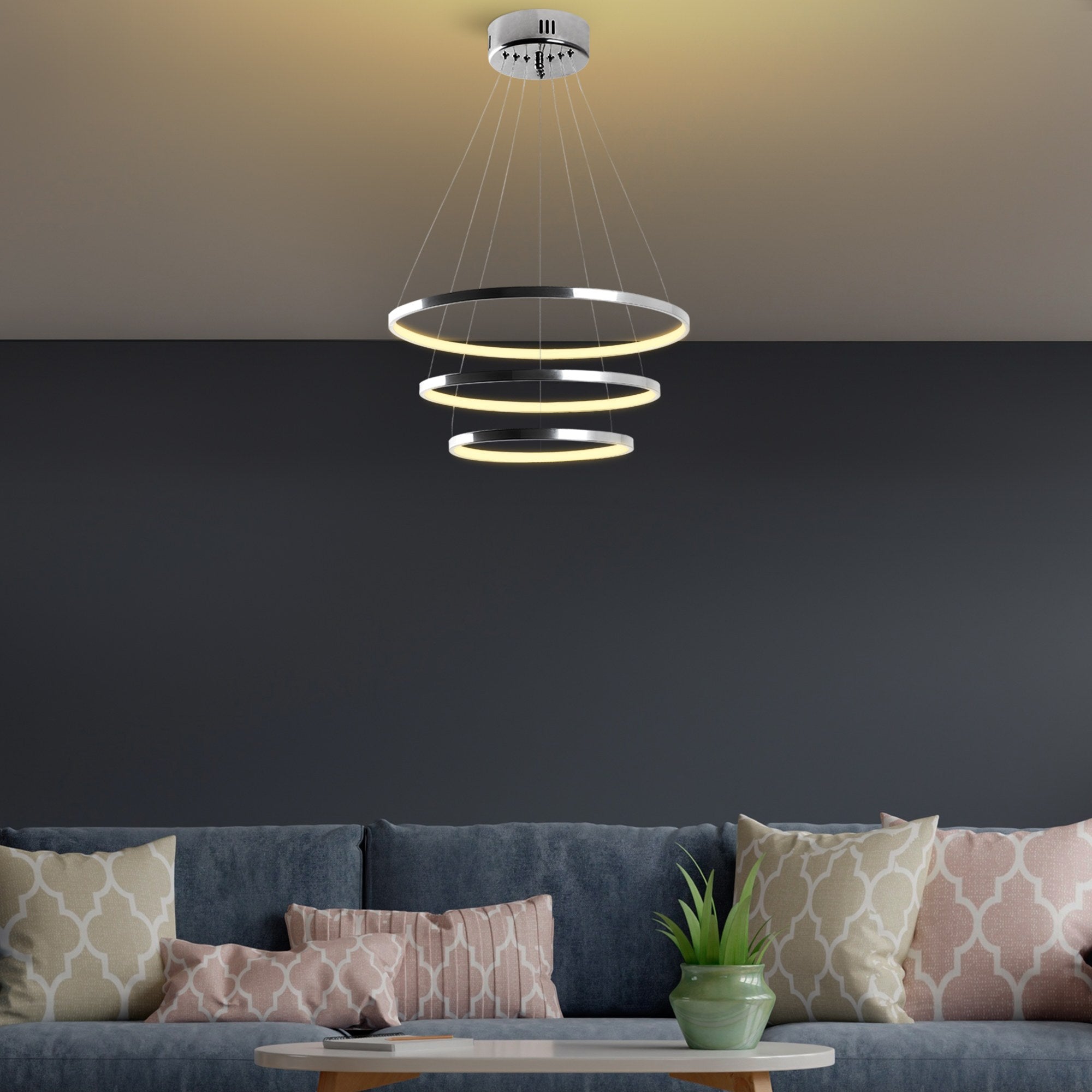 Candeeiro de Teto Cromado Elegante, Corpo em Metal, 50 cm de Largura x 80 cm de Altura | LED SMD 28W 3000K | Iluminação Elegante para Decoração e Ambiente Modernos