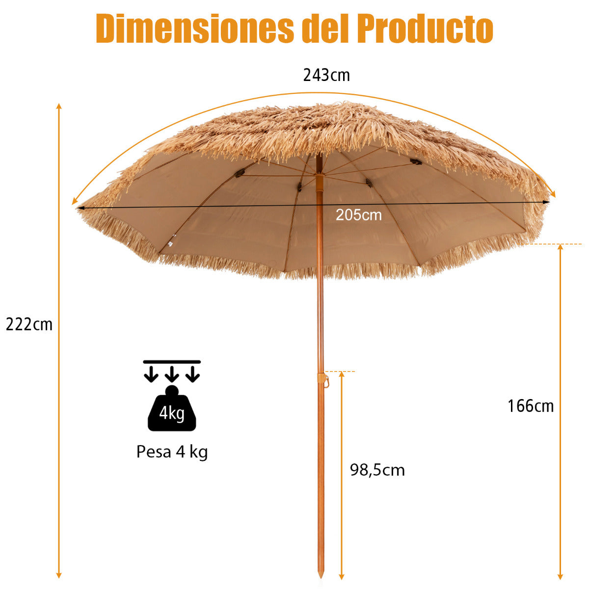 Guarda-Sol Tiki de Palha 205 cm Havaiano com 8 Varetas de Metal de 7 Níveis Portátil para Praia Pátio Piscina Natural
