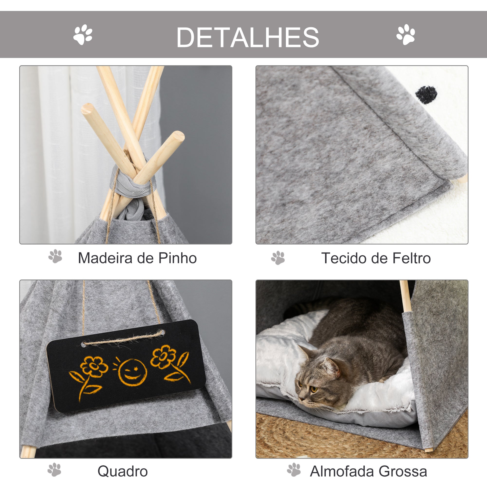 Tenda Tipi para Animais de Estimação 58x58x80cm Cinza