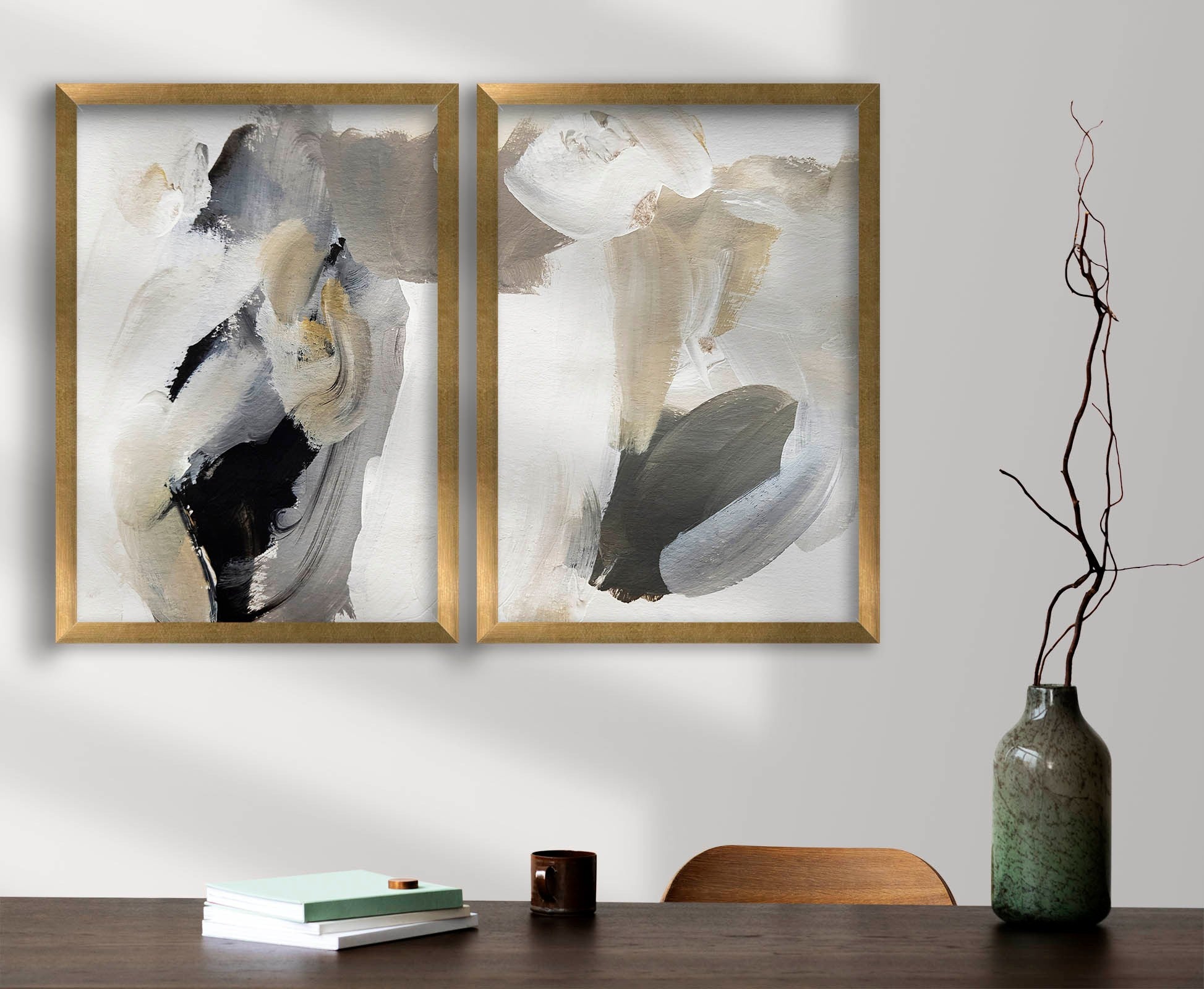 Pintura decorativa emoldurada – 38 x 53 cm – preto, cinza e bege – 100% MDF e moldura de madeira