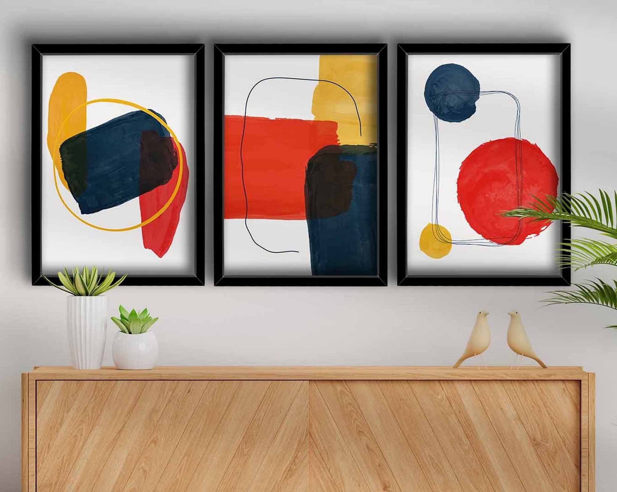 Pinturas decorativas emolduradas em MDF (3 peças) – 38 x 53 cm – Vermelho, Mostarda, Azul-Marinho, Branco – 100% MDF e moldura de madeira