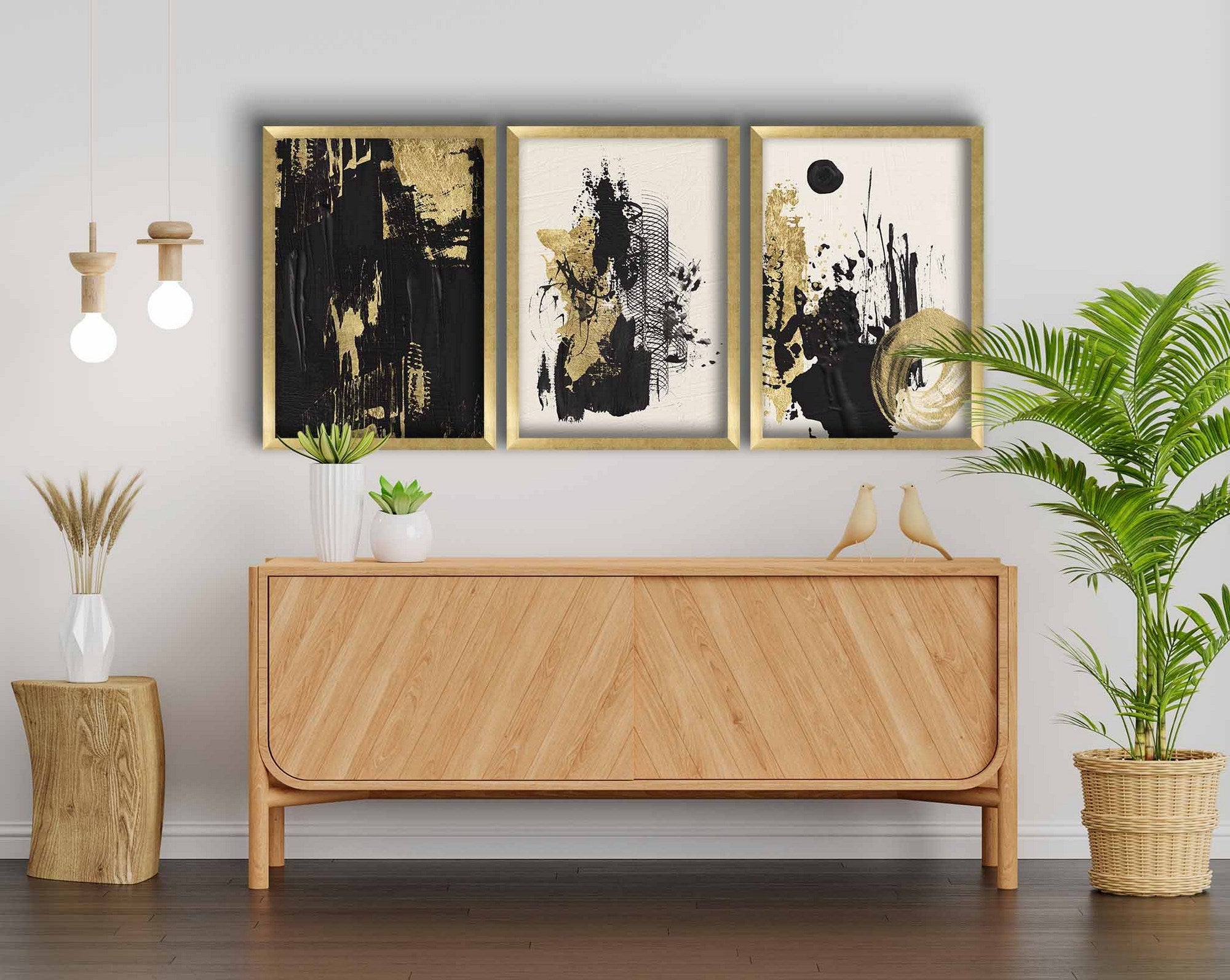 Quadro Decorativo Tríptico em MDF com Moldura de Madeira – 38 x 53 cm (Conjunto de 3) – Cores: Dourado, Branco e Preto
