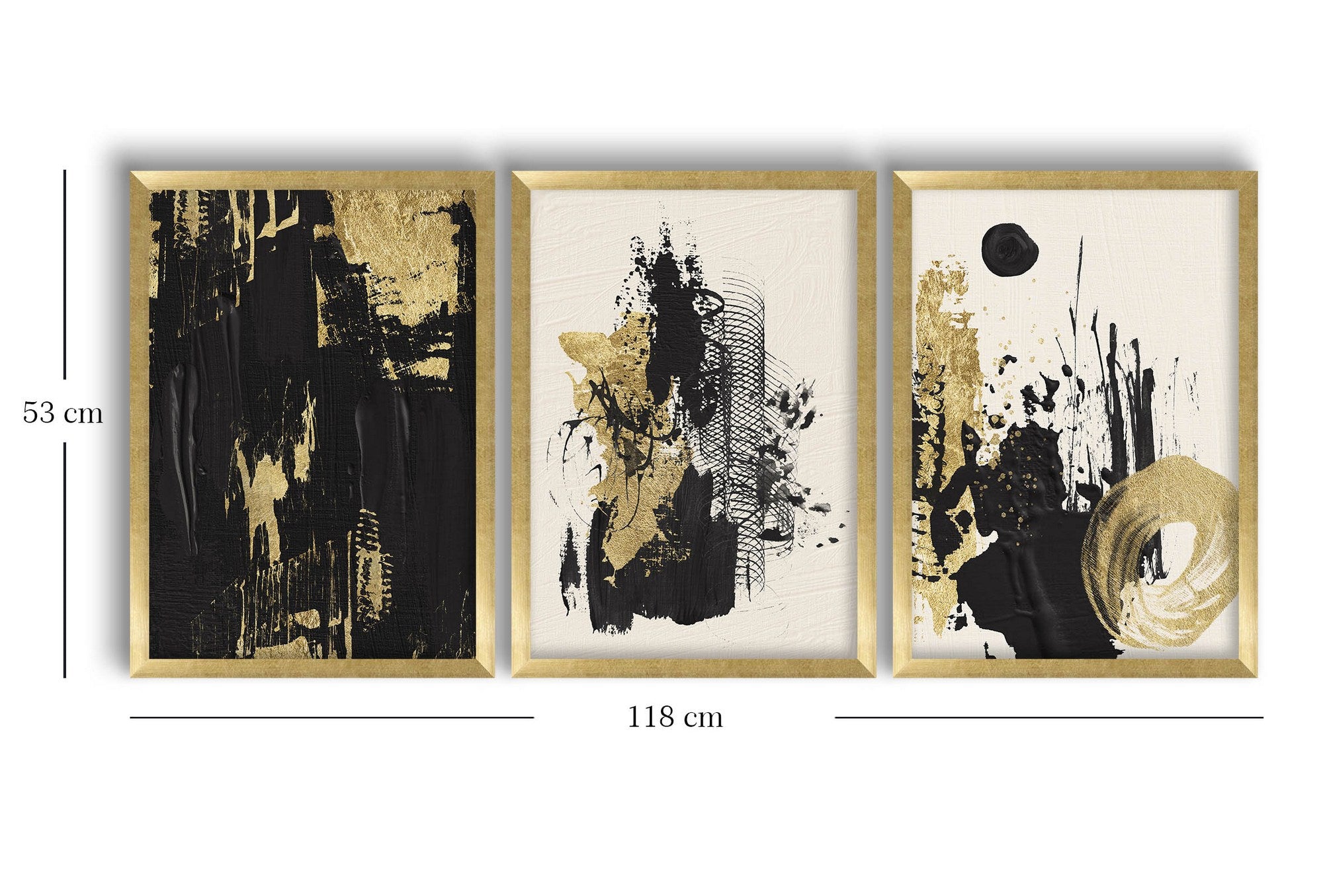 Quadro Decorativo Tríptico em MDF com Moldura de Madeira – 38 x 53 cm (Conjunto de 3) – Cores: Dourado, Branco e Preto