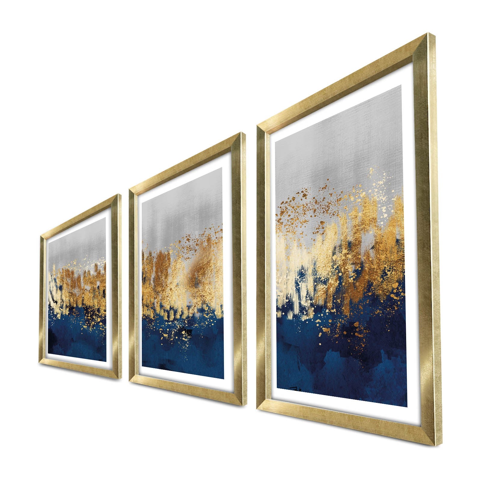 Quadro Decorativo em MDF com Moldura de Madeira (3 Peças) 38x53 cm – Dourado, Azul‑marinho e Cinzento
