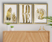 Conjunto de 3 Quadros Decorativos em MDF com Moldura de Madeira 38 x 53 cm - Dourado/Bege/Branco