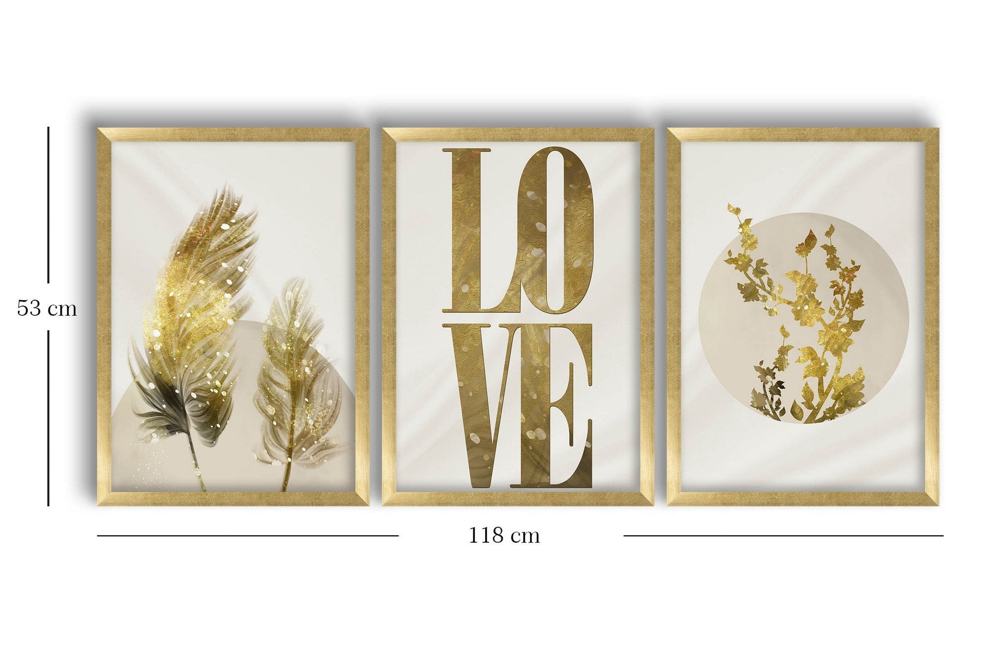 Conjunto de 3 Quadros Decorativos em MDF com Moldura de Madeira 38 x 53 cm - Dourado/Bege/Branco