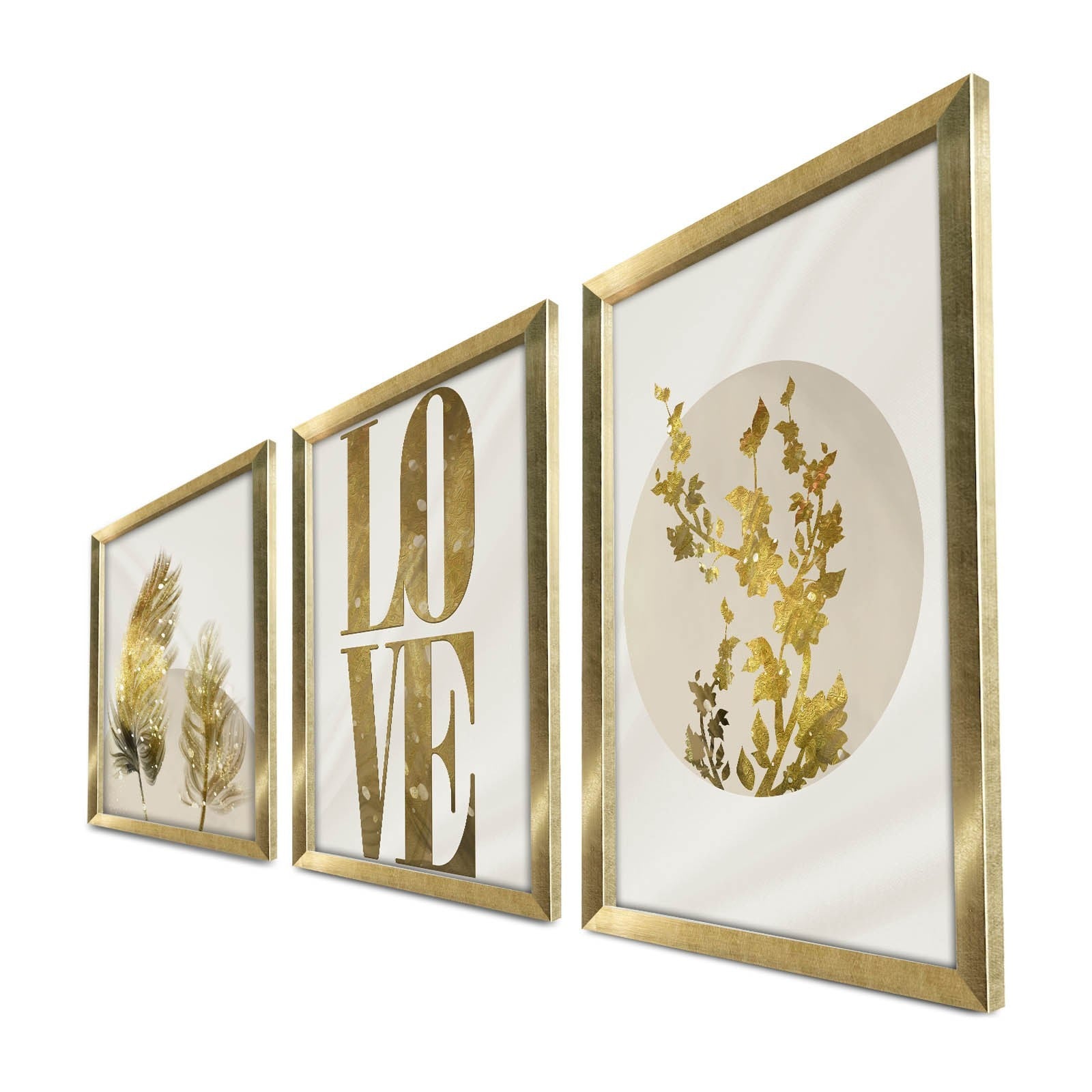 Conjunto de 3 Quadros Decorativos em MDF com Moldura de Madeira 38 x 53 cm - Dourado/Bege/Branco