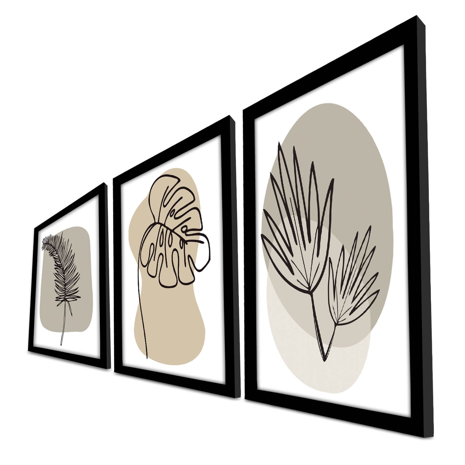 Conjunto de 3 Quadros Decorativos em MDF com Moldura de Madeira – 38x53 cm – Cores: Bege, Branco e Preto